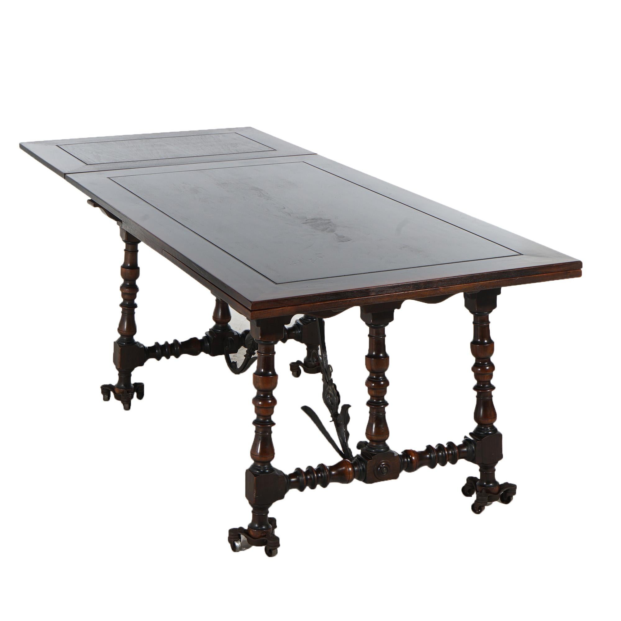 Antique Kittinger Jacobean Style Walnut & Wrought Iron Draw Top Dining Table 8