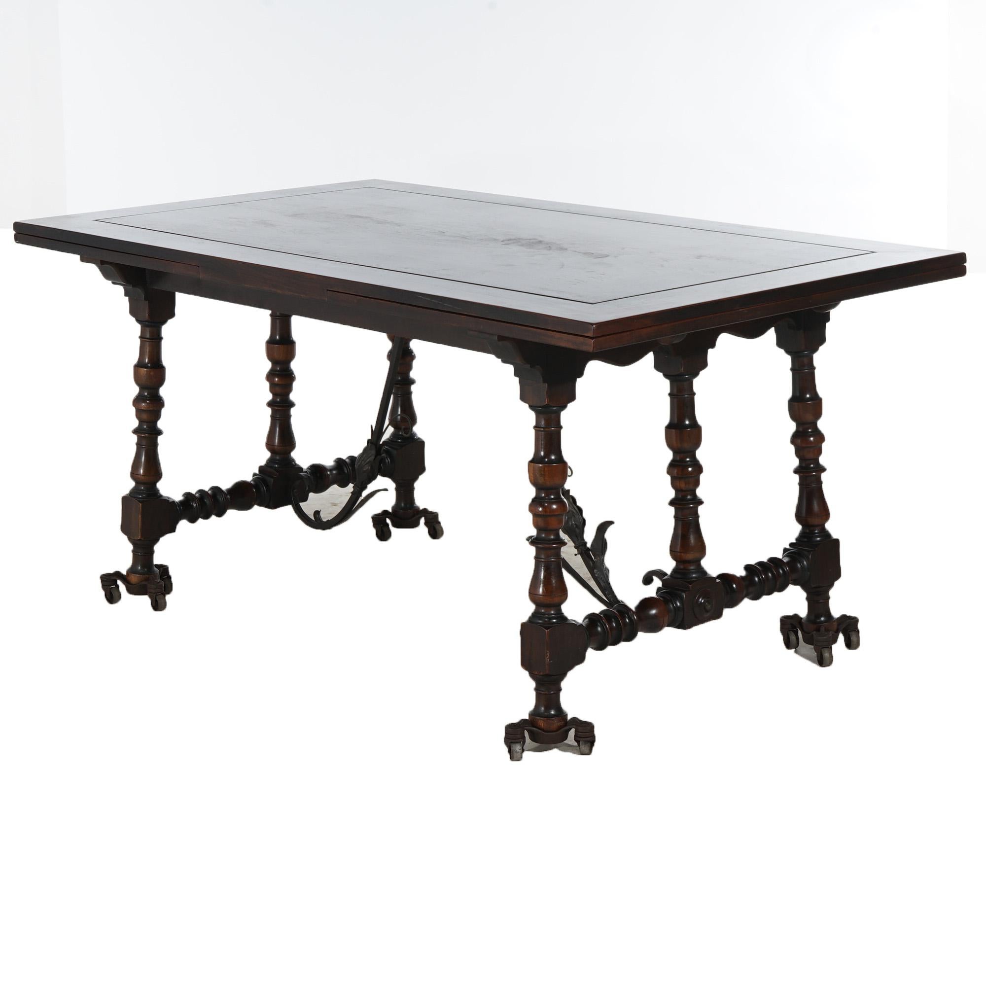 Antique Kittinger Jacobean Style Walnut & Wrought Iron Draw Top Dining Table 9