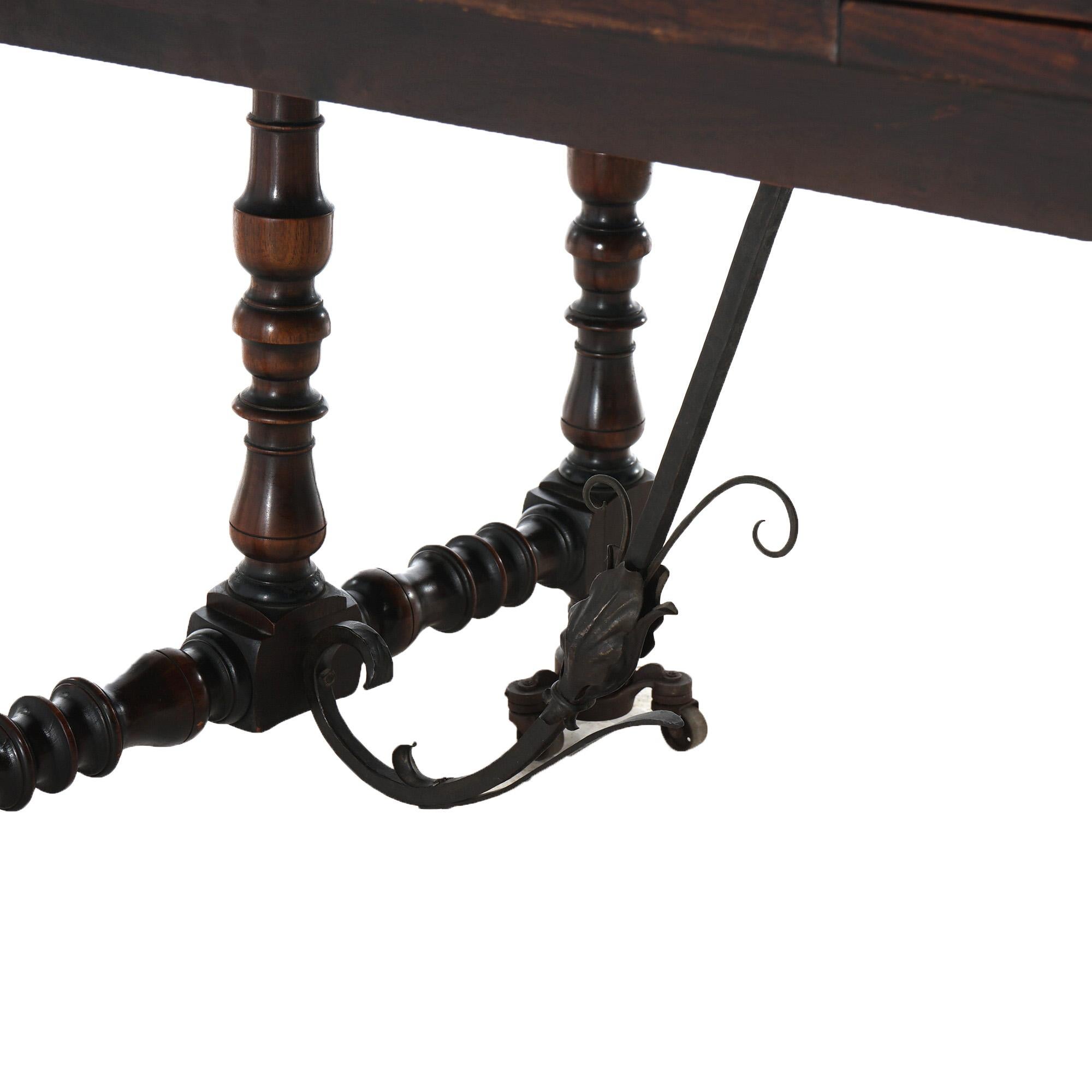 Antique Kittinger Jacobean Style Walnut & Wrought Iron Draw Top Dining Table 10