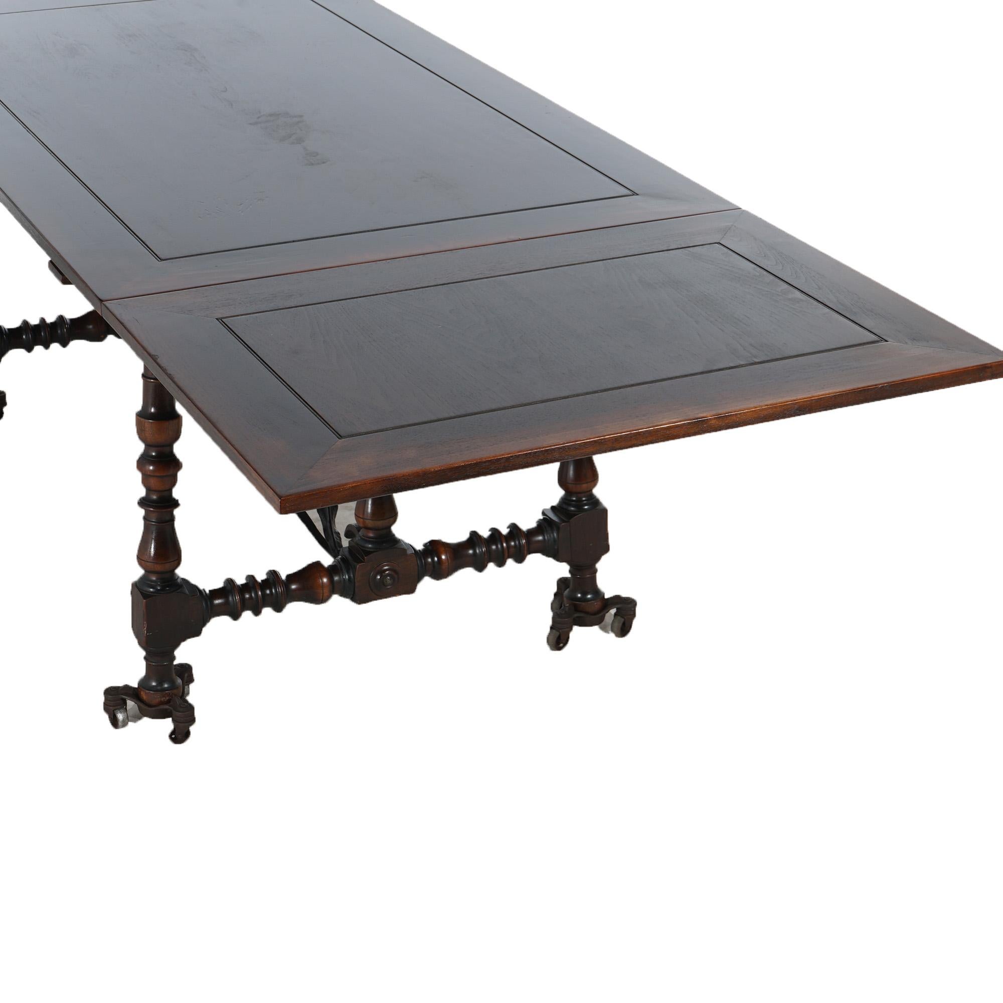 Antique Kittinger Jacobean Style Walnut & Wrought Iron Draw Top Dining Table In Good Condition In Big Flats, NY