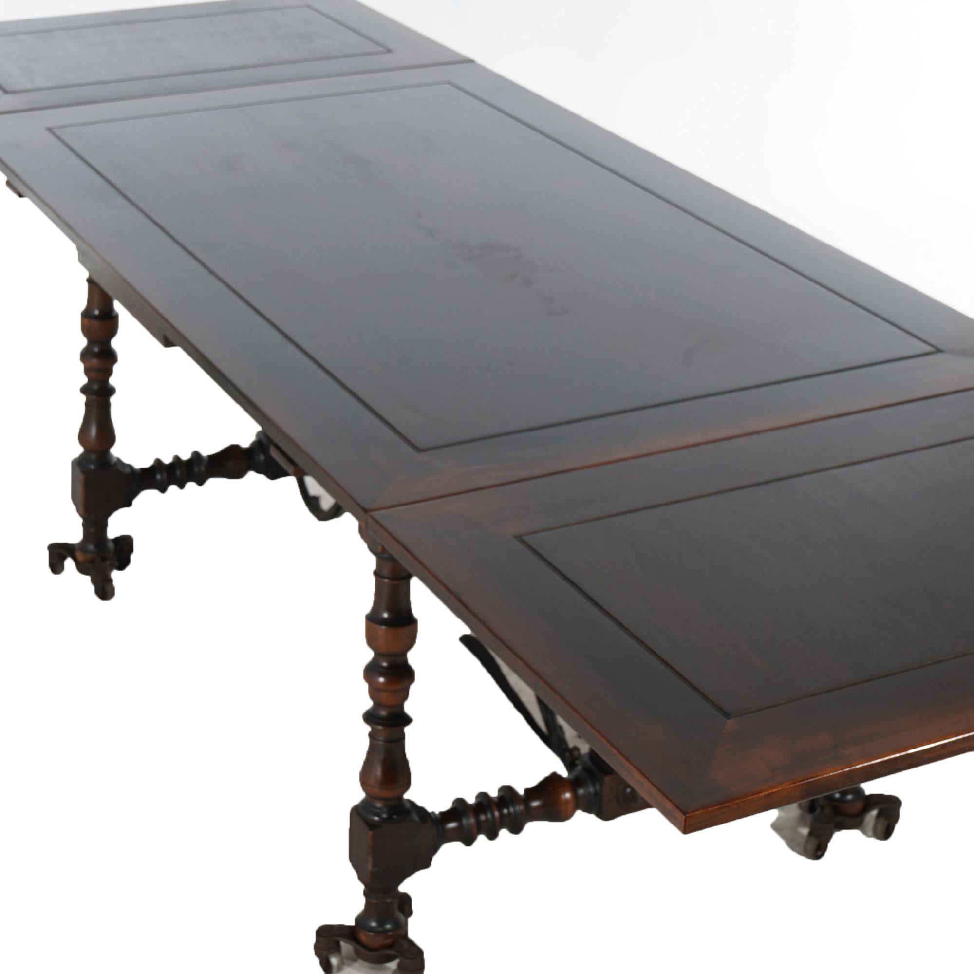 20th Century Antique Kittinger Jacobean Style Walnut & Wrought Iron Draw Top Dining Table
