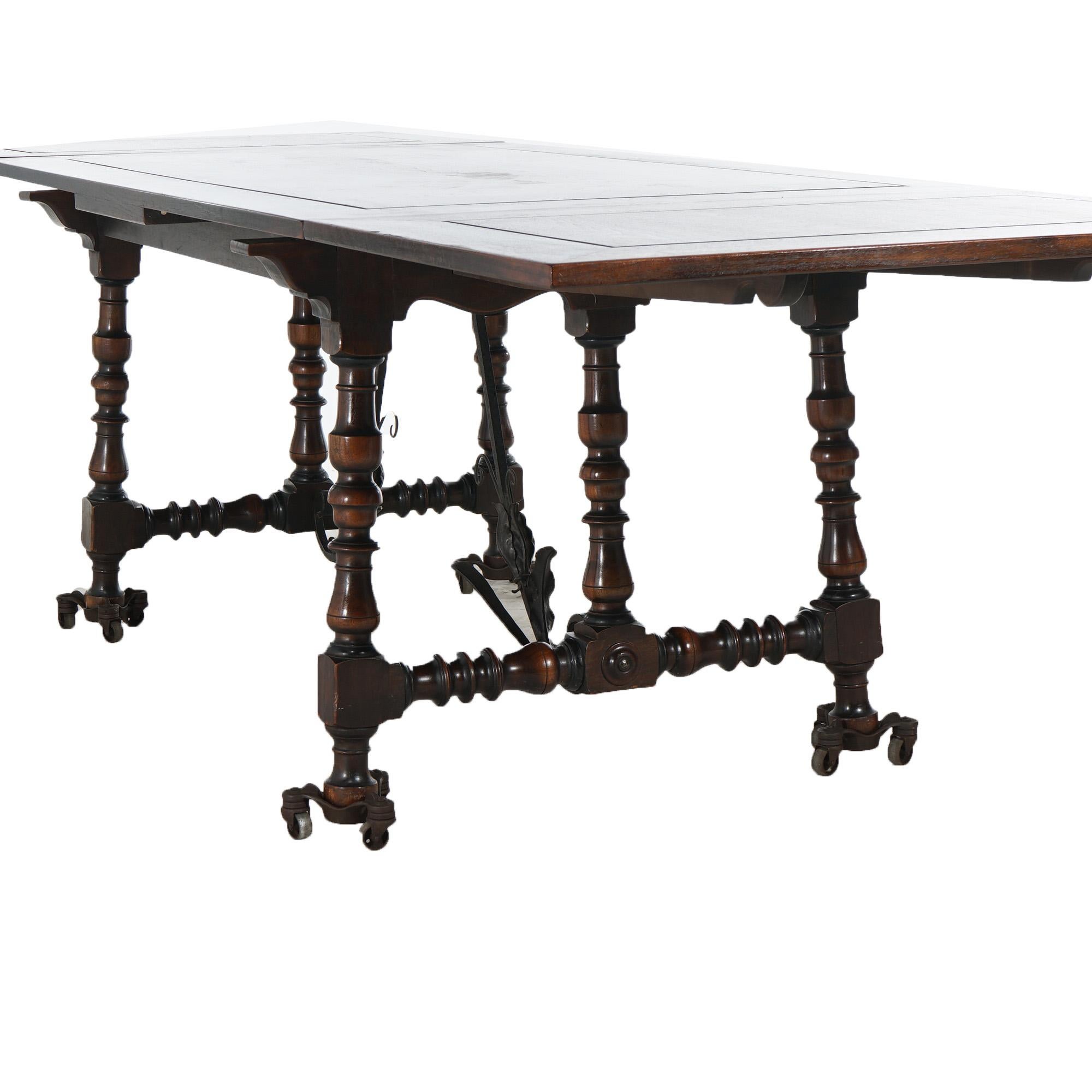 Antique Kittinger Jacobean Style Walnut & Wrought Iron Draw Top Dining Table 4