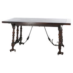 Antique Kittinger Jacobean Style Walnut & Wrought Iron Draw Top Dining Table