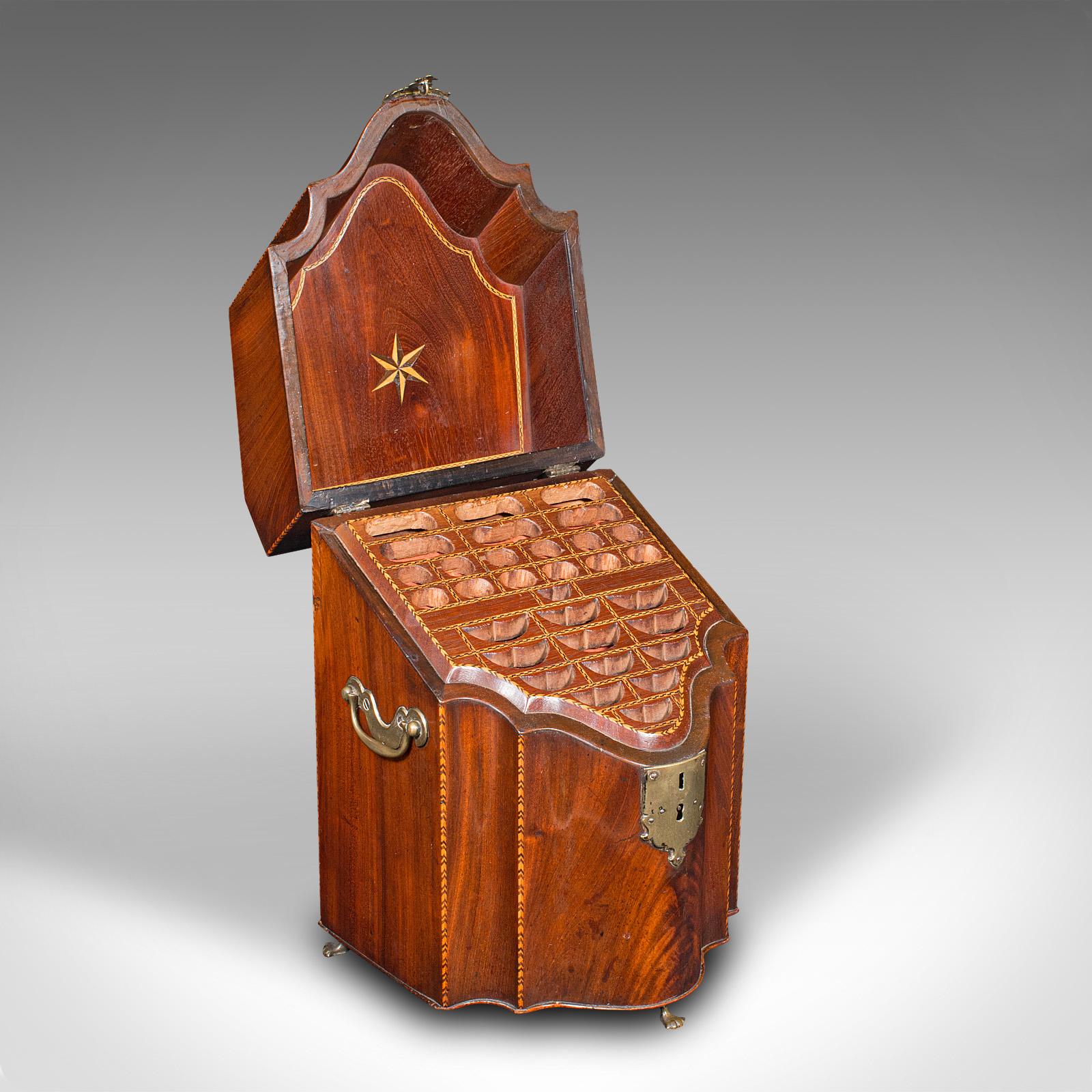 This is an antique knife box. An English, flame mahogany cutlery canteen with oak fitted interior, dating to the Georgian period, circa 1770.

Superb craftsmanship with beautiful figuring and useful proportion
Displays a desirable aged patina and