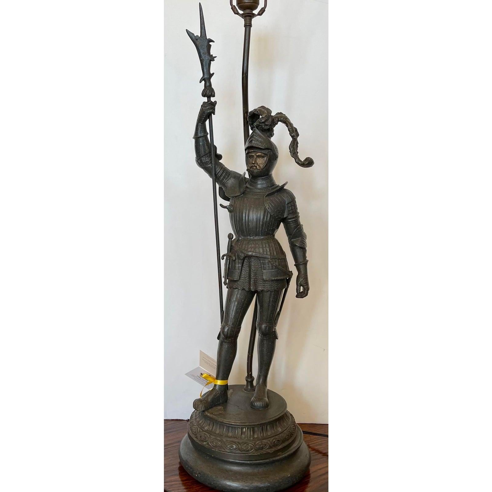 Antique Knight in Armor Figural Table Lamp

Additional information:
Materials: Lights, Metal
Color: Black
Period: Early 20th Century
Styles: Figurative, French
Lamp Shade: Not Included
Item Type: Vintage, Antique or Pre-owned
Dimensions: 7ʺW × 6ʺD ×