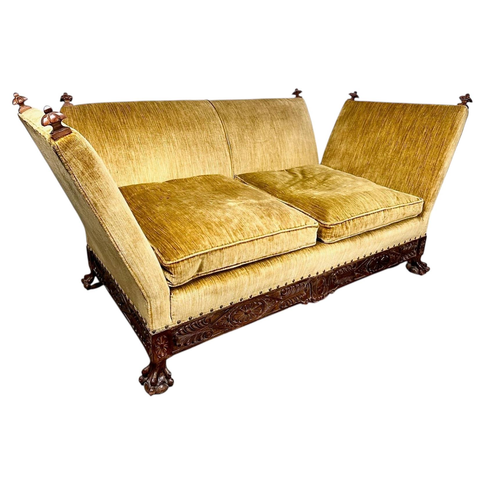 Antique Knole-Style Sofa, Hand-Carved Walnut, Silk Velvet, c. 1900 - 1920's