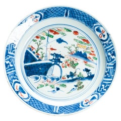 Antique Ko Akae Plate Chinese porcelain Wucai 17th c Tianqi Chongzhen Landscape