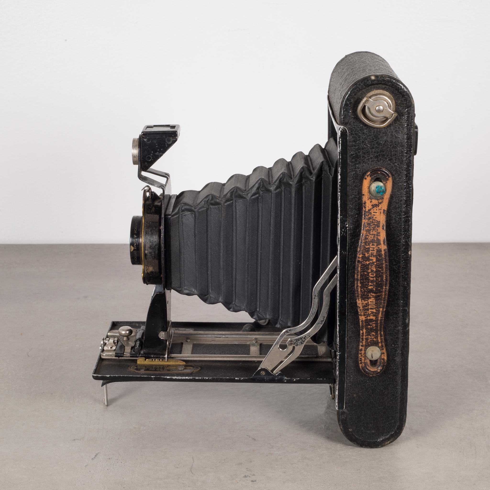About

This is an original Eastman Kodak No. 3A folding camera. The body is wrapped in leather with chrome and brass accents. The camera features a hand-held shutter push button and folds to 2 inches. This piece has retained its original finish