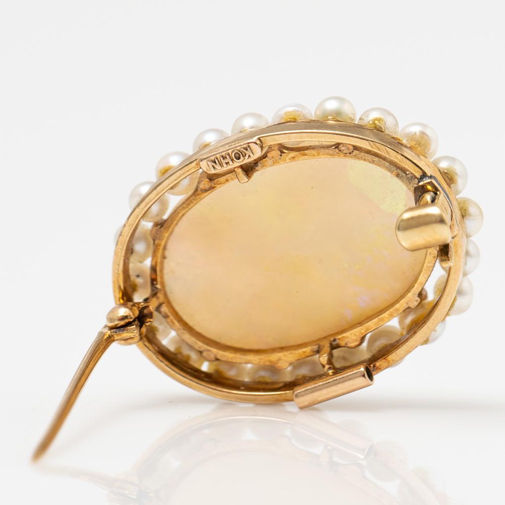 Cabochon Antique Kohn 14k Yellow Gold Handmade Opal and Pearl Brooch