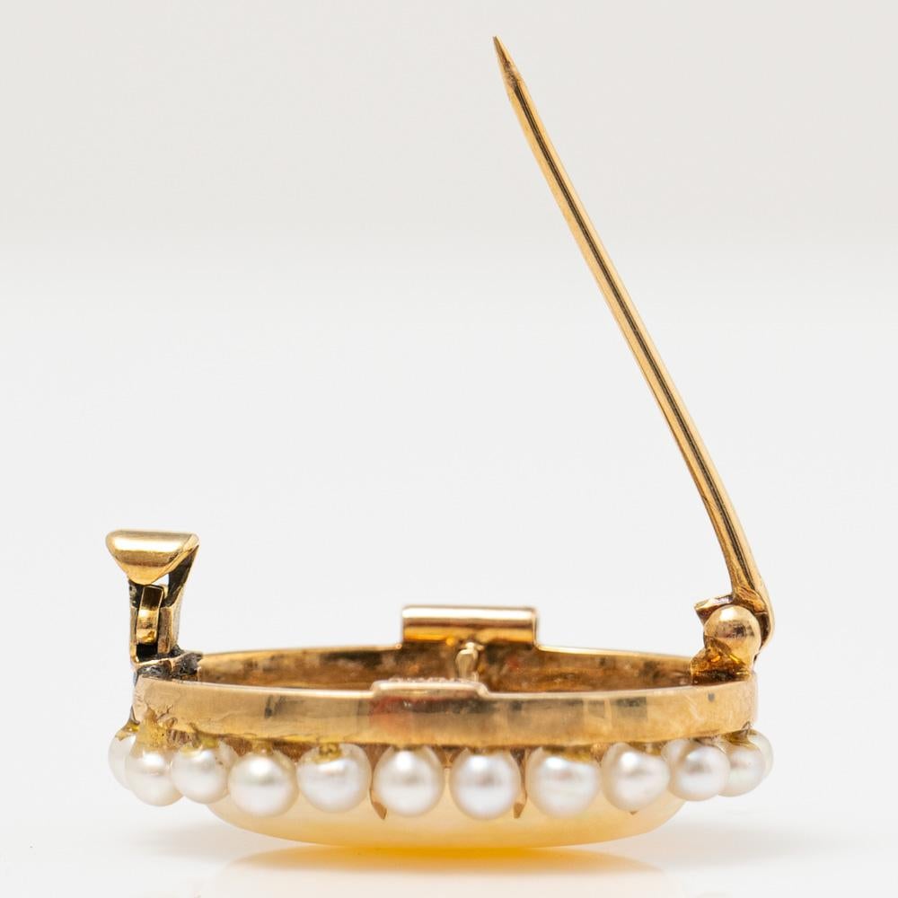 Women's or Men's Antique Kohn 14k Yellow Gold Handmade Opal and Pearl Brooch