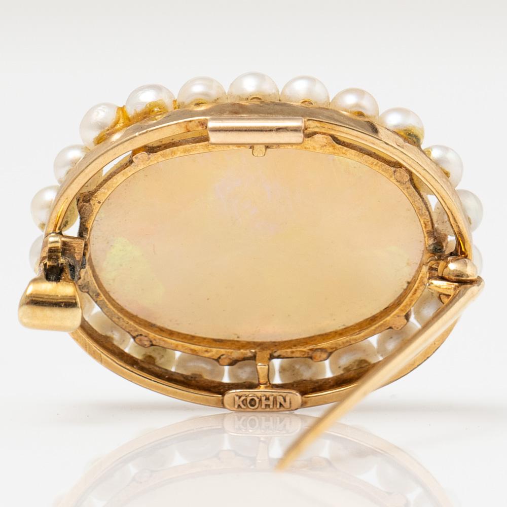 Antique Kohn 14k Yellow Gold Handmade Opal and Pearl Brooch 1