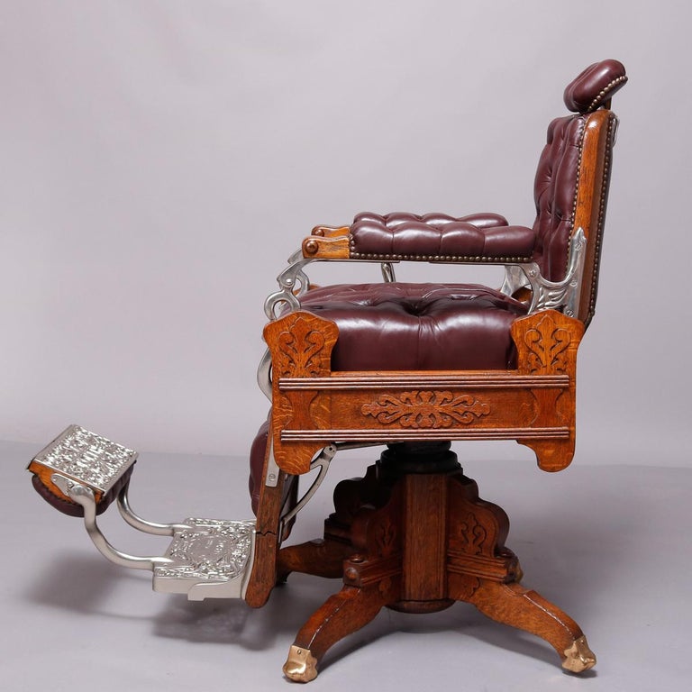 Antique Koken Restored Hydraulic Oak, Leather and Nickel Footed Barber