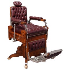 Antiguo sillón de barbero hidráulico Koken restaurado de roble, cuero y níquel con patas