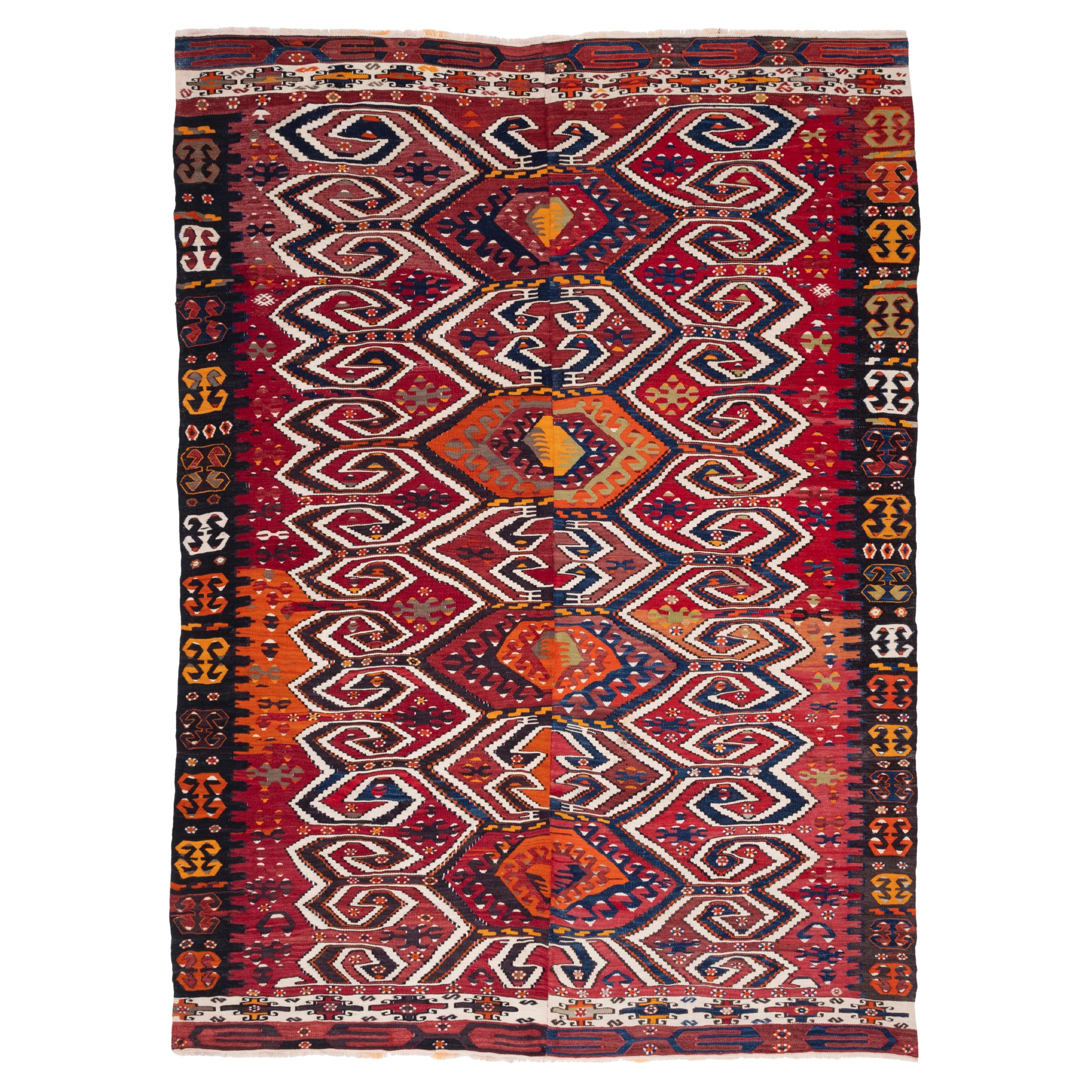 Antique Konya Karapinar Kilim Central Anatolian Rug Vintage Wool Turkish Carpet For Sale