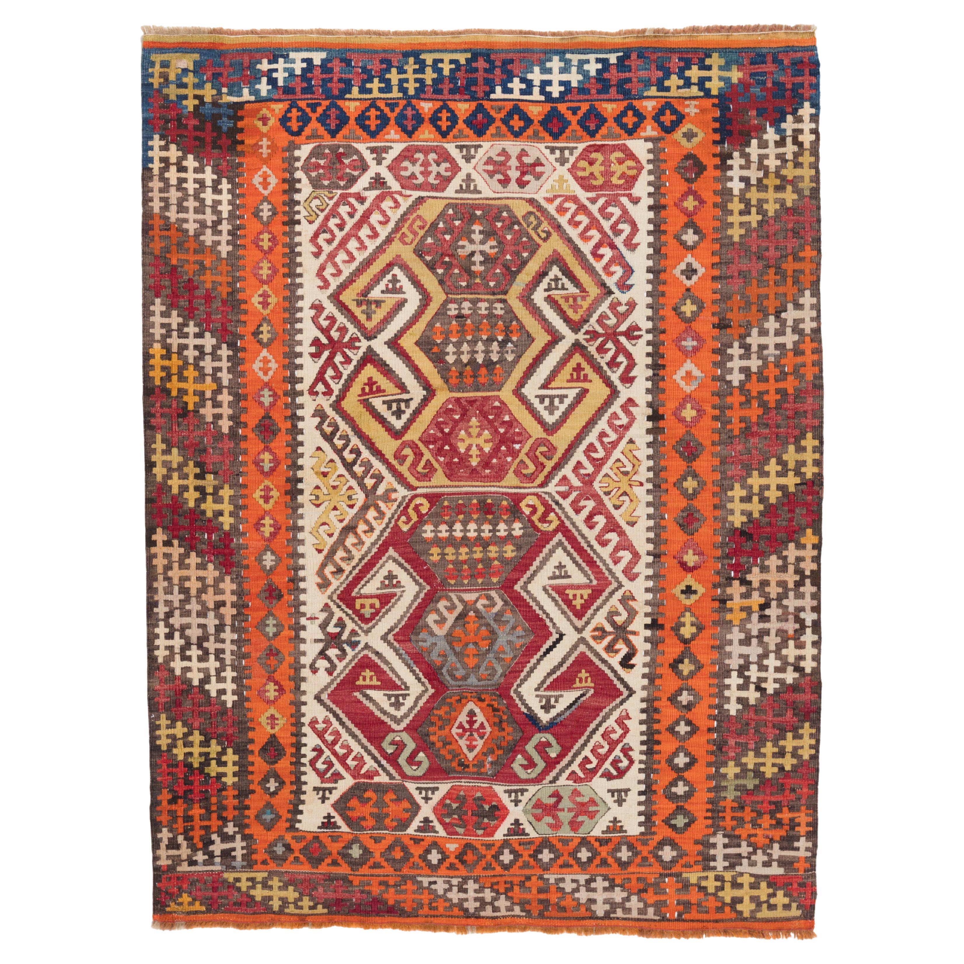 Antique Konya Kilim Rug Wool Old Central Anatolian Traditional Turkish Carpet