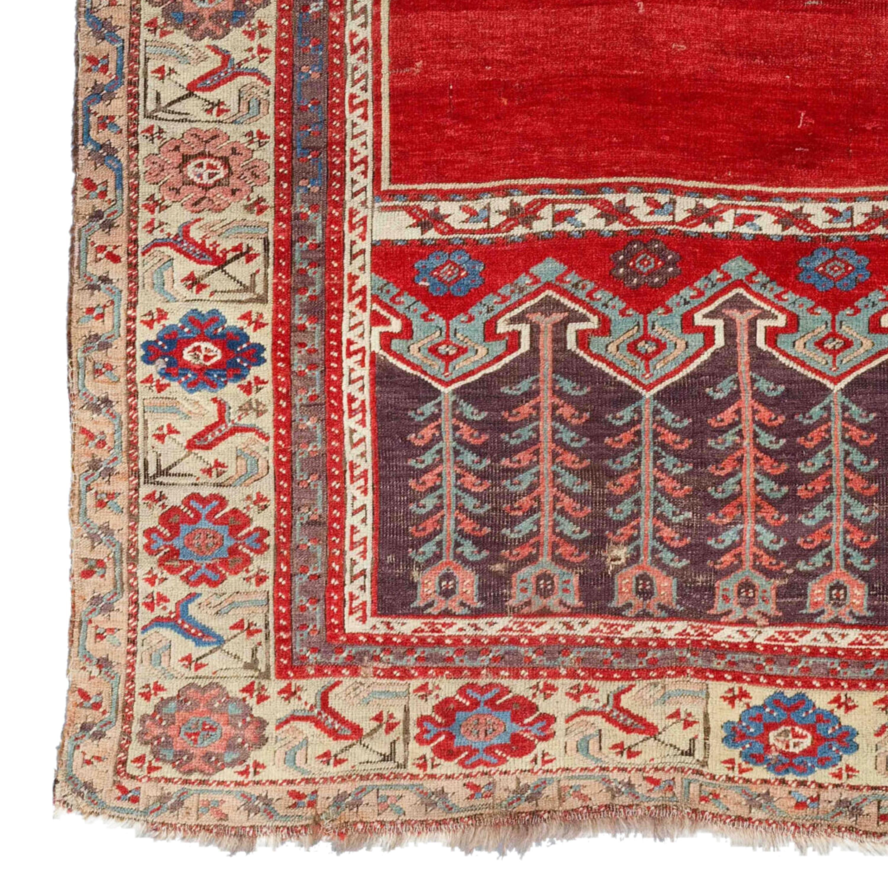 Late 18th Century Central Anatolian Konya Ladik Rug Size 107 x 178 cm (3,51 x 5,83 ft)

Ladik carpet, handwoven floor covering usually in a prayer design and made in or near Lâdik, a town in the Konya Plain of south-central Turkey. Ladik prayer rugs