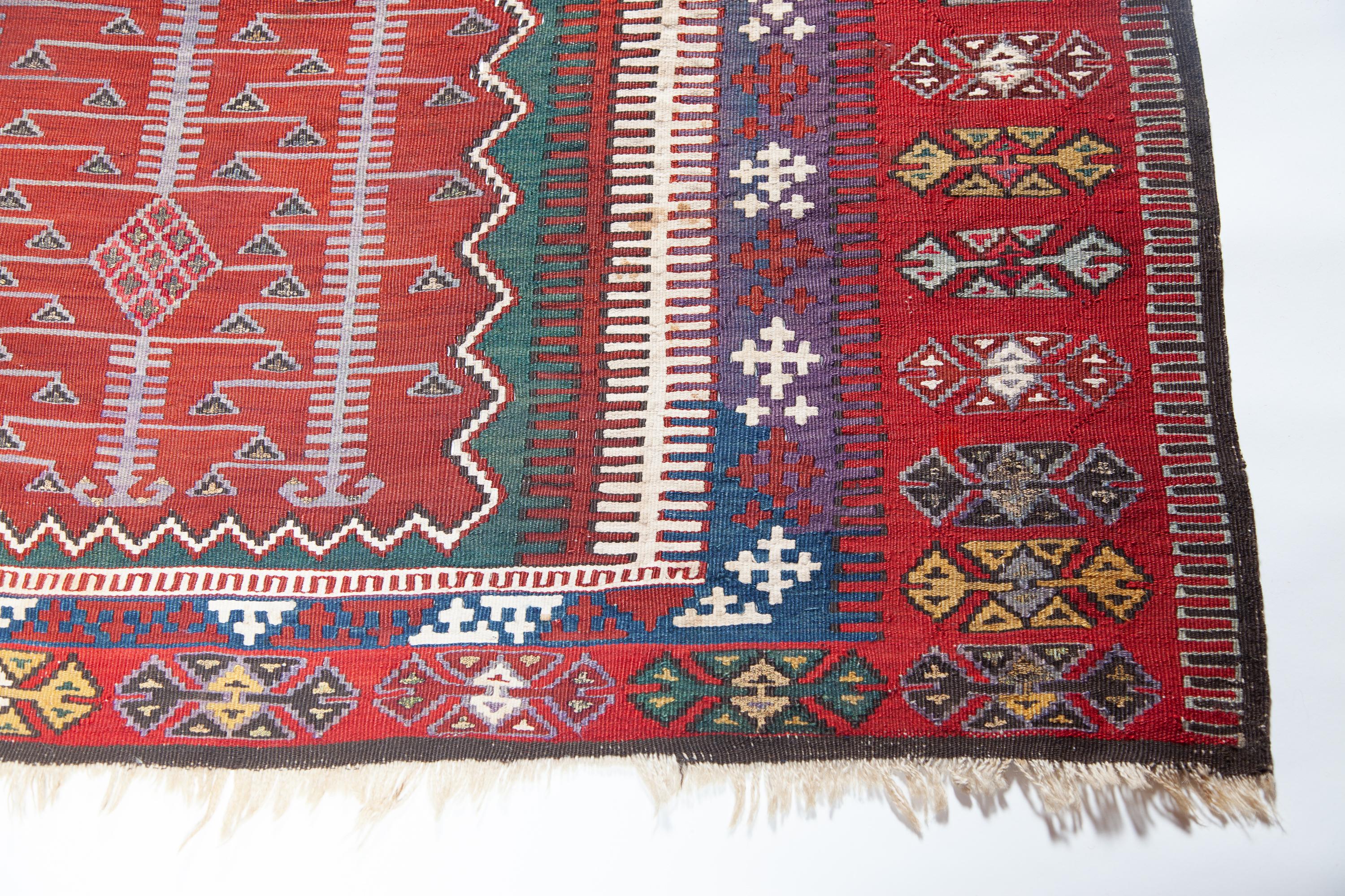 This is Central Anatolian antique Kilim from the Konya - Obruk region with a rare and beautiful color composition. 

This highly collectible antique kilim has a wonderful special colors and texture that is typical of an old kilim in good