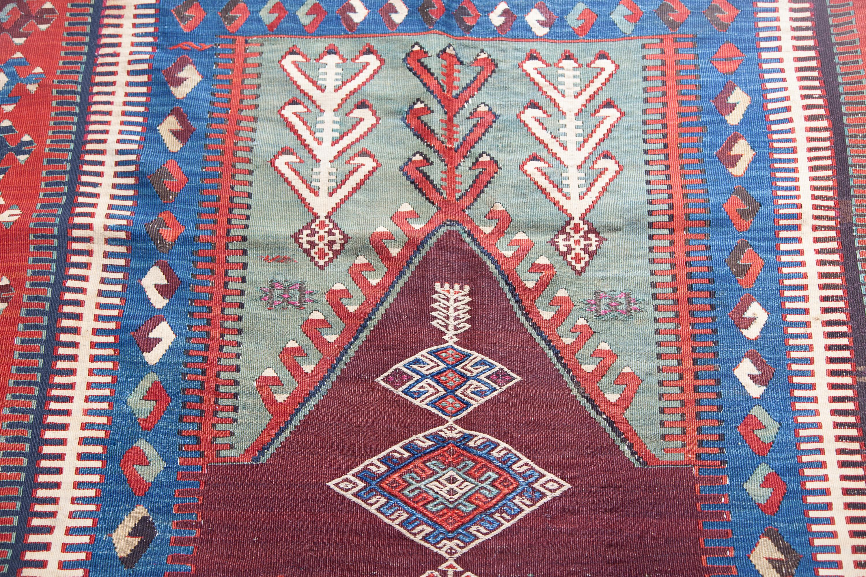 This is Central Anatolian antique Kilim from the Konya - Obruk region with a rare and beautiful color composition. 

This highly collectible antique kilim has a wonderful special color like purple and texture that is typical of an old kilim in