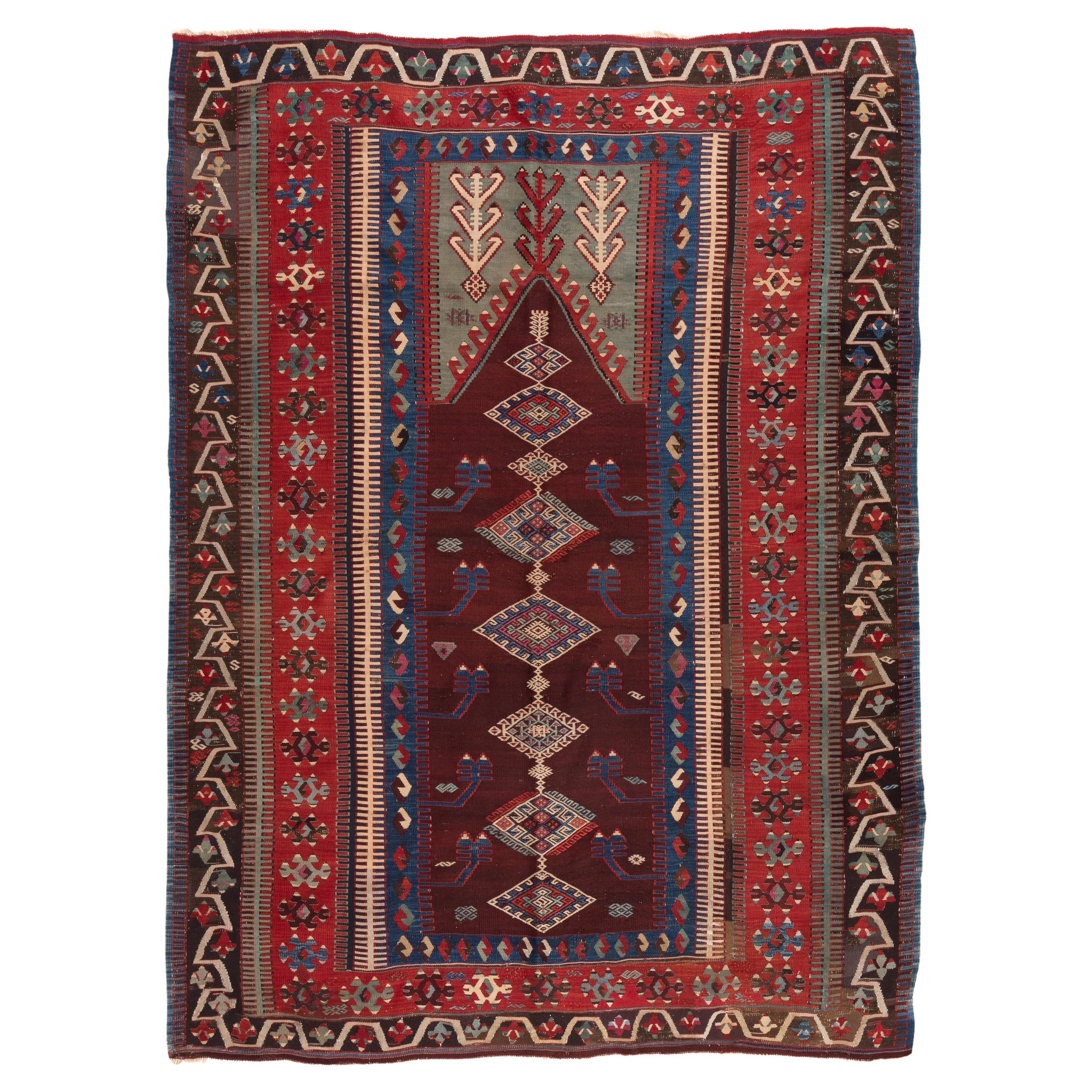 Antiker türkischer Konya Obruk-Kelim-Teppich aus Zentralasien, seltene lila Farbe