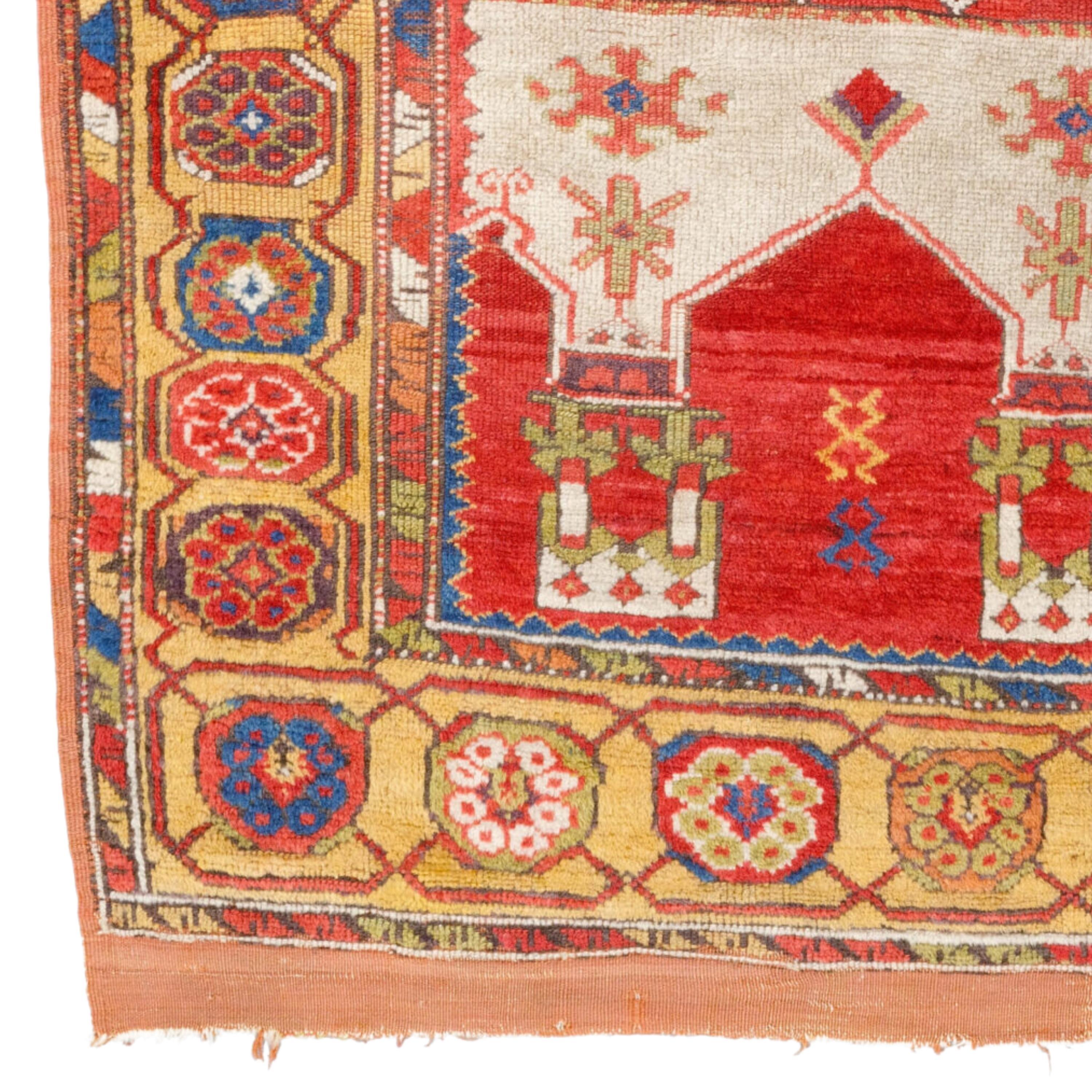 Antique Konya Prayer Rug - Early 19th Century Central Anatolian Konya Prayer Rug Size 113 x 160 cm (3,70 x 5,24 ft)

Konya carpet, floor covering handwoven in or near the city of Konya in south-central Turkey. A group of early carpet fragments has