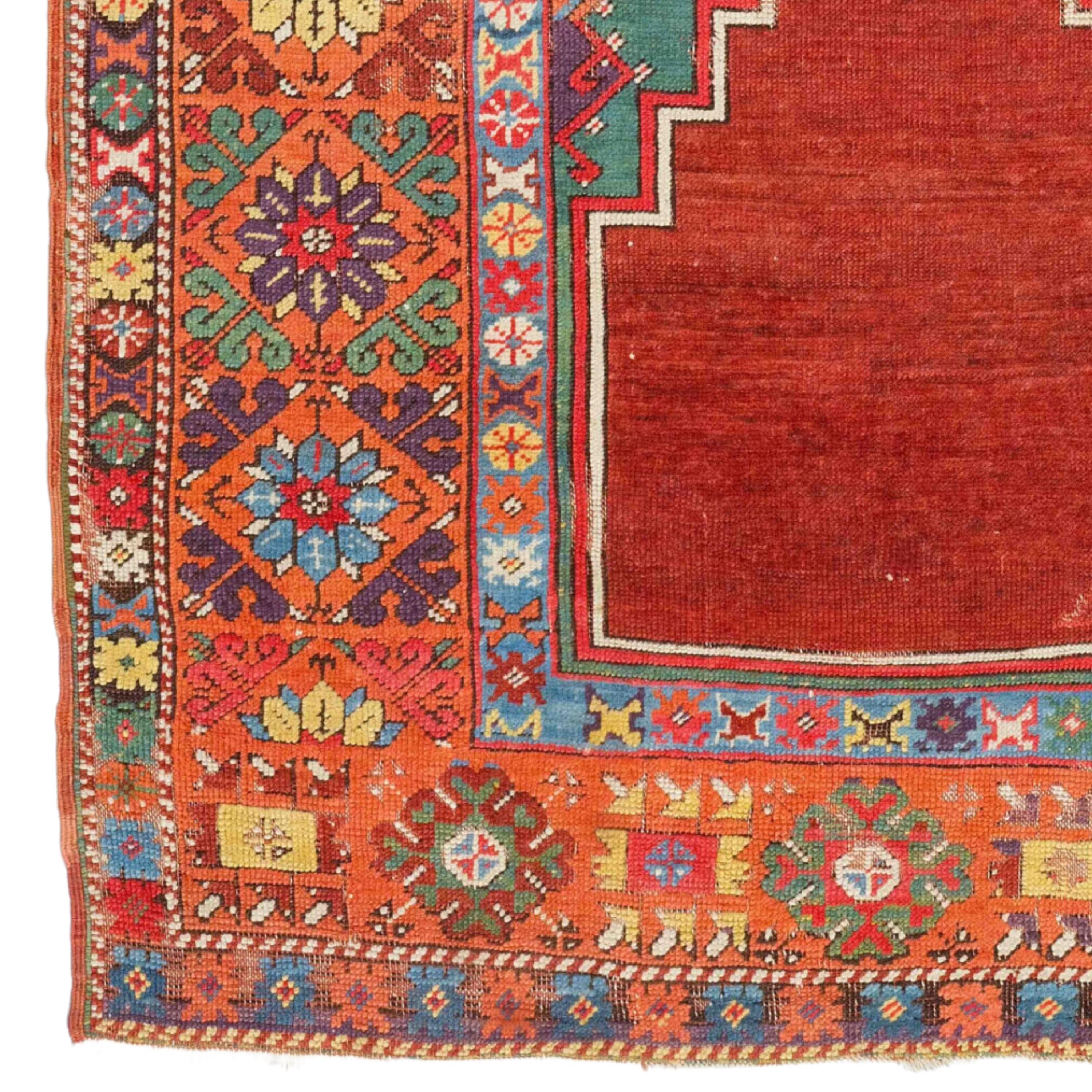 19th Century Anatolian Konya Ladik Rug Size 115 x 165 cm (3,77 x 5,41 ft)

More recently rugs from the region have used design motifs widely distributed throughout the country. Notable is a type of prayer rug with columns and arches that seems