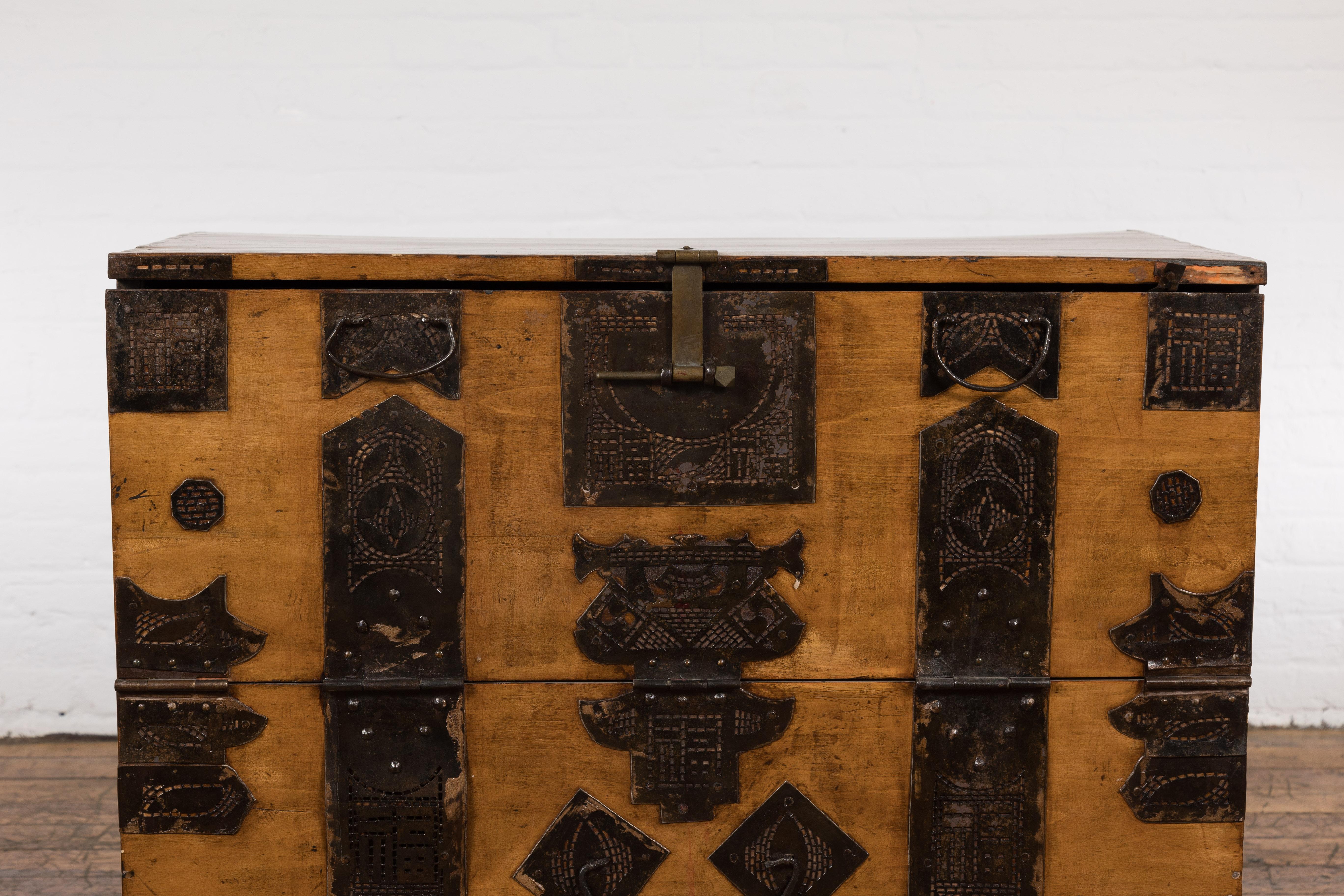 Iron 19th Century Antique Trunk Chest with Front Opening For Sale