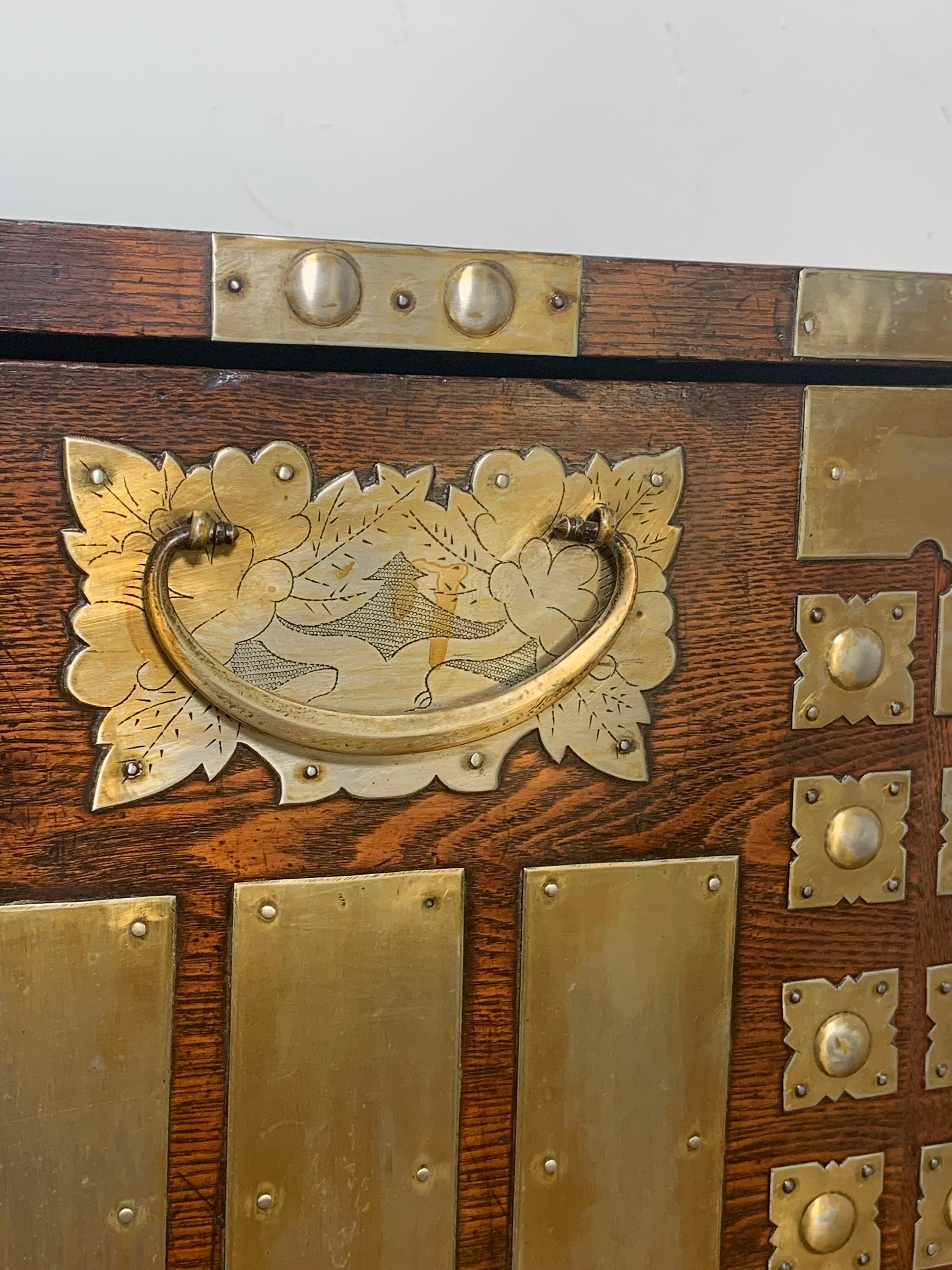 Brass Antique Korean Bandaji Blanket Chest with Elaborate Strapwork, circa Late 1800s