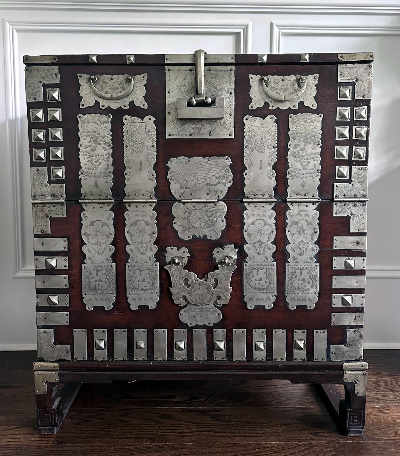 A striking Bandaji from Nothern part of the Korean peninsula circa 19th century of late Joseon Dynasty. Bandaji is known as drop front half-opening chest that was used in traditional Korean households to store family valuables and beddings. This