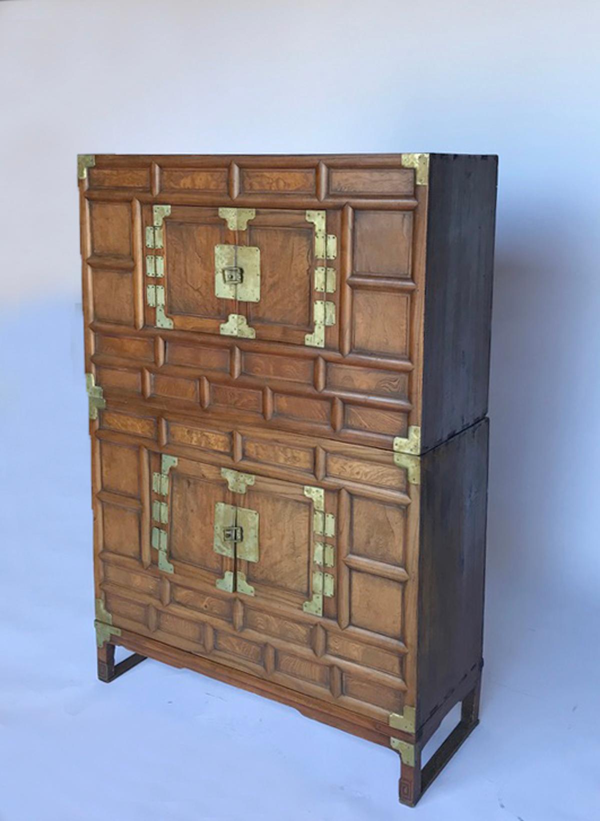 19th century double blanket chest on wooden base. All original brass metal work and hardware. Doors reveal open storage, see photos. Beautiful graining and patina on wood.