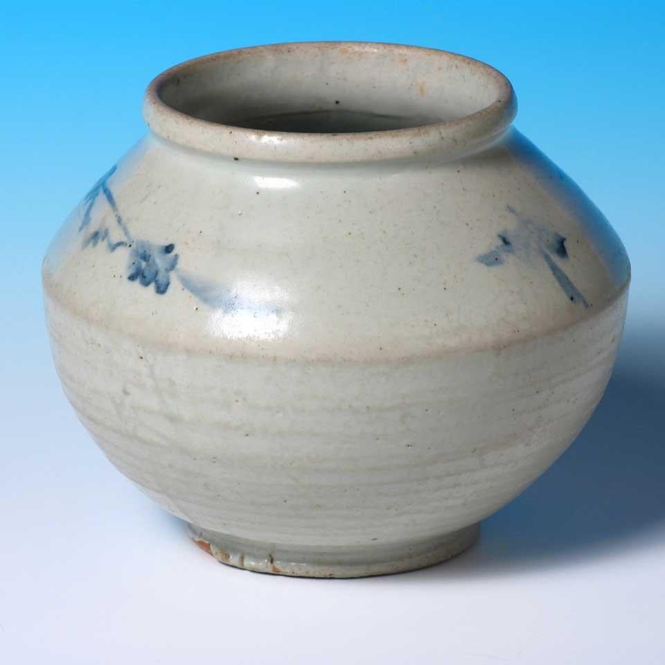 Glazed Antique Korean Blue and White Ceramic Storage Jar, Yi Dynasty For Sale