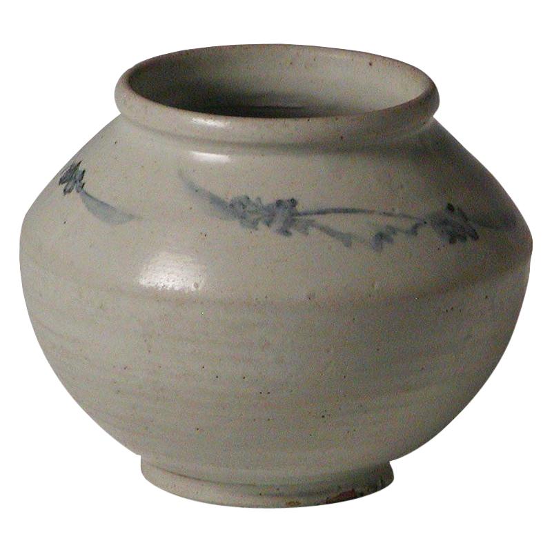 Antique Korean Blue and White Ceramic Storage Jar, Yi Dynasty For Sale