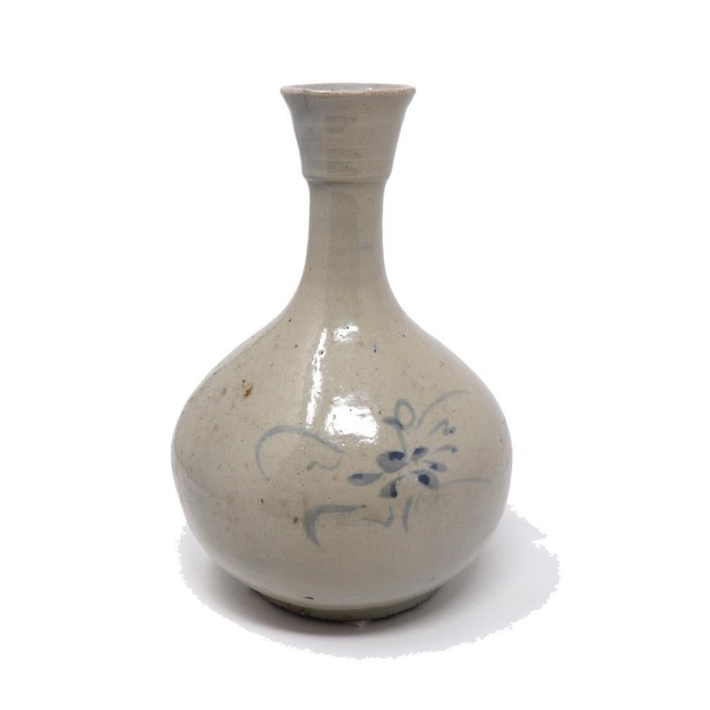 19th Century Antique Korean Blue & White Bottle Vase For Sale