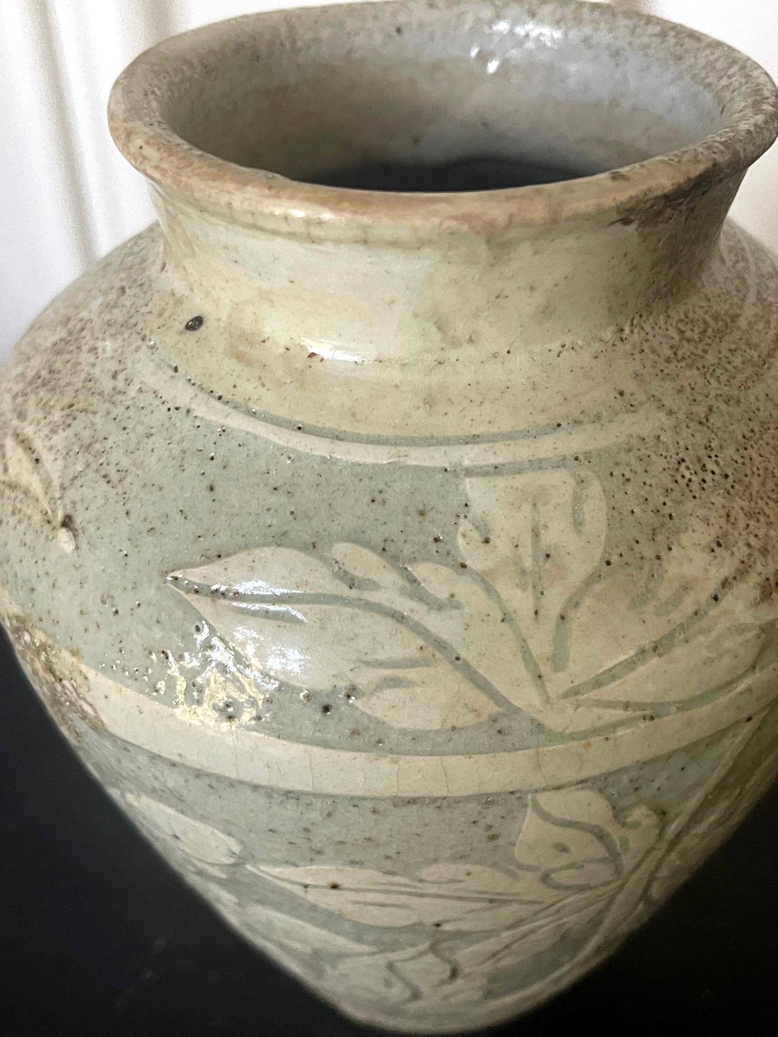 Antique Korean Buncheong Ceramic Vase with Incised Designs For Sale 2
