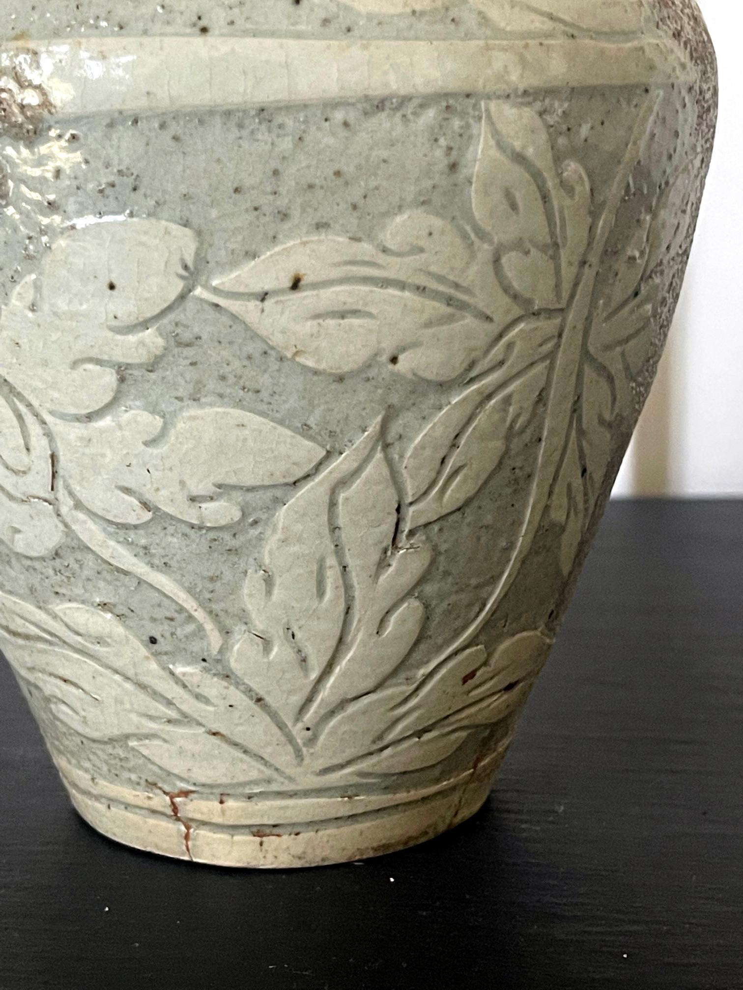 Antique Korean Buncheong Ceramic Vase with Incised Designs For Sale 3