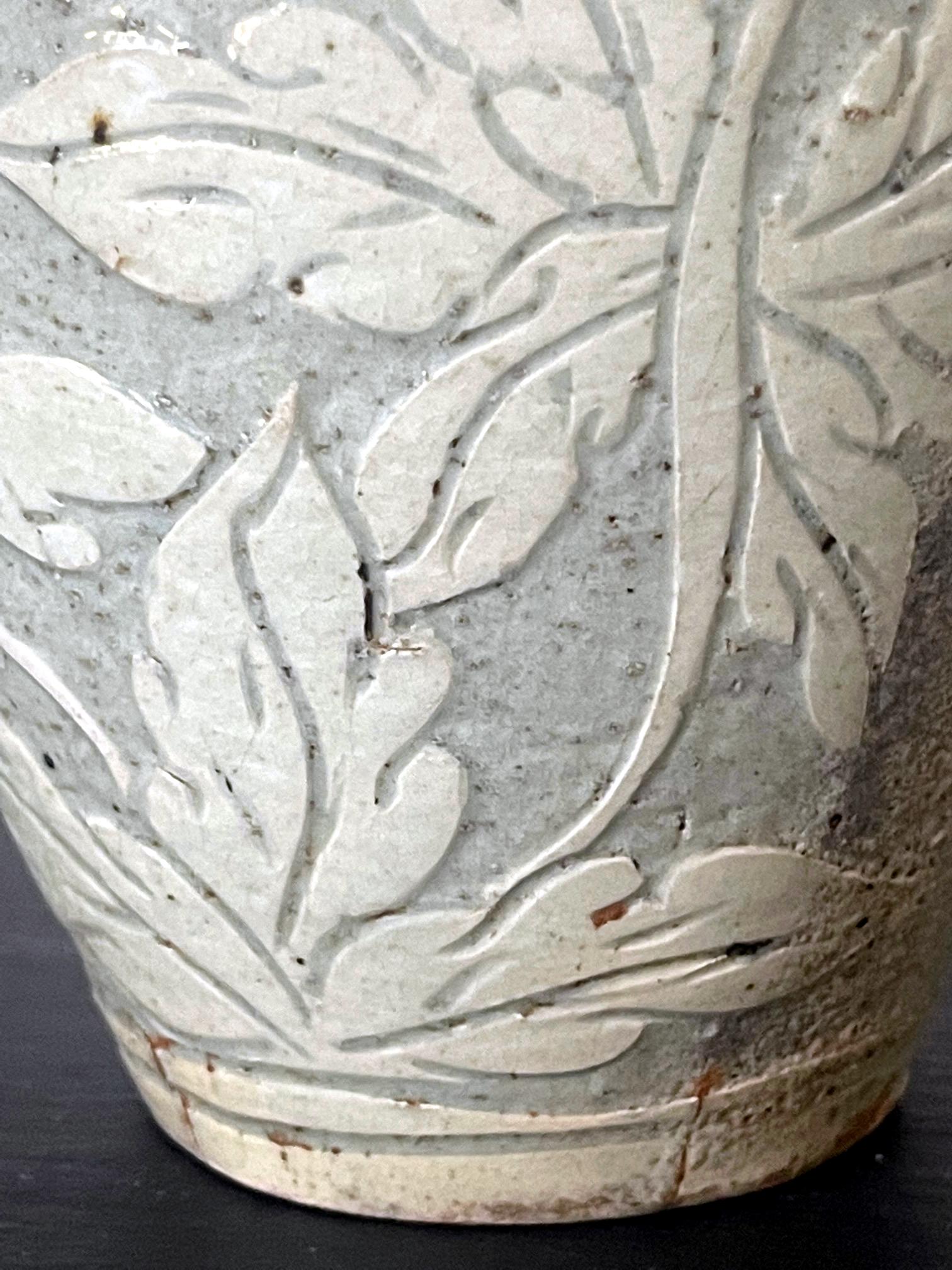 Antique Korean Buncheong Ceramic Vase with Incised Designs For Sale 4
