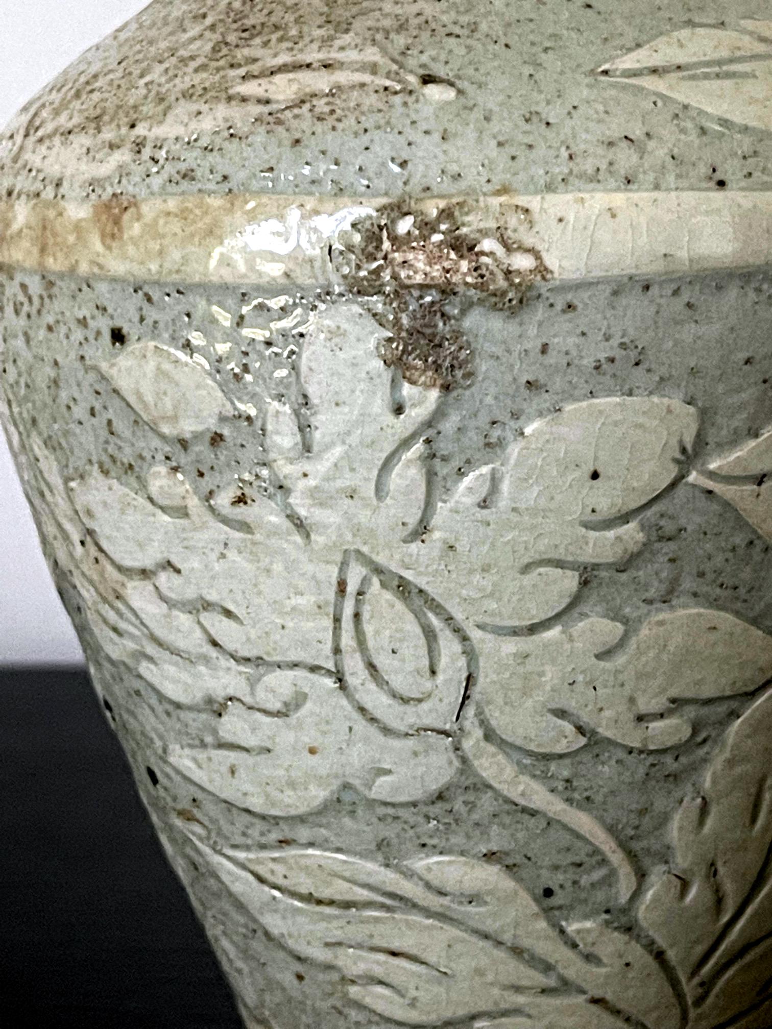 Antique Korean Buncheong Ceramic Vase with Incised Designs For Sale 9