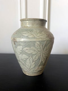 Antique Korean Buncheong Ceramic Vase with Incised Designs