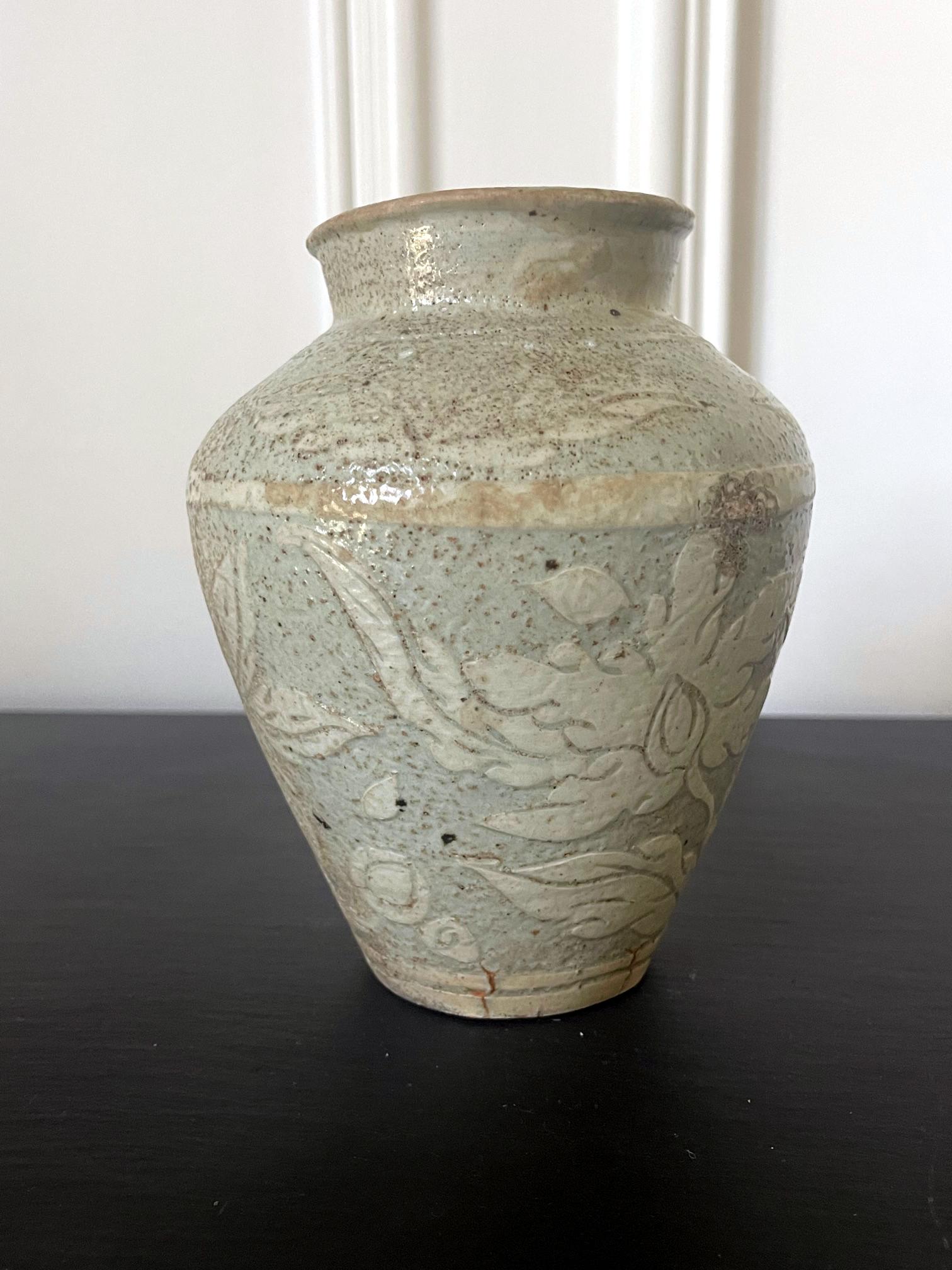 Archaistic Antique Korean Buncheong Ceramic Vase with Incised Designs For Sale