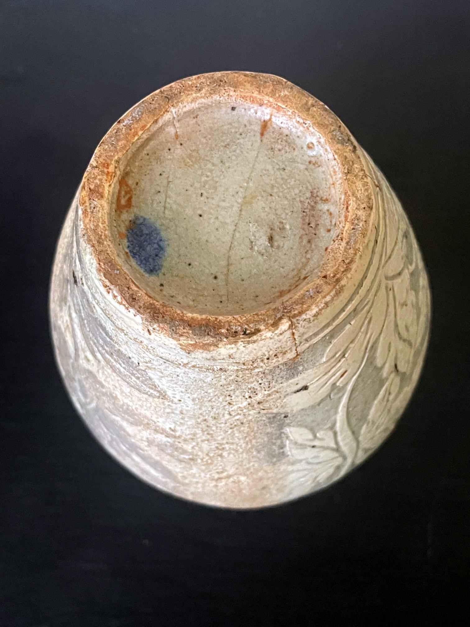 18th Century and Earlier Antique Korean Buncheong Ceramic Vase with Incised Designs For Sale