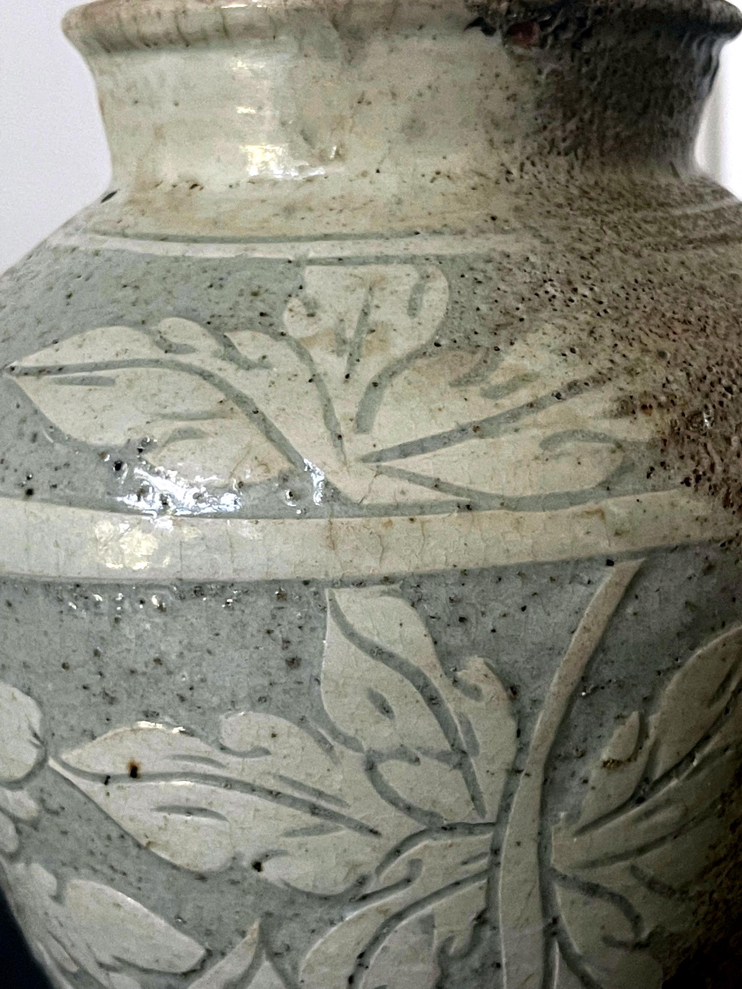 Antique Korean Buncheong Ceramic Vase with Incised Designs For Sale 1