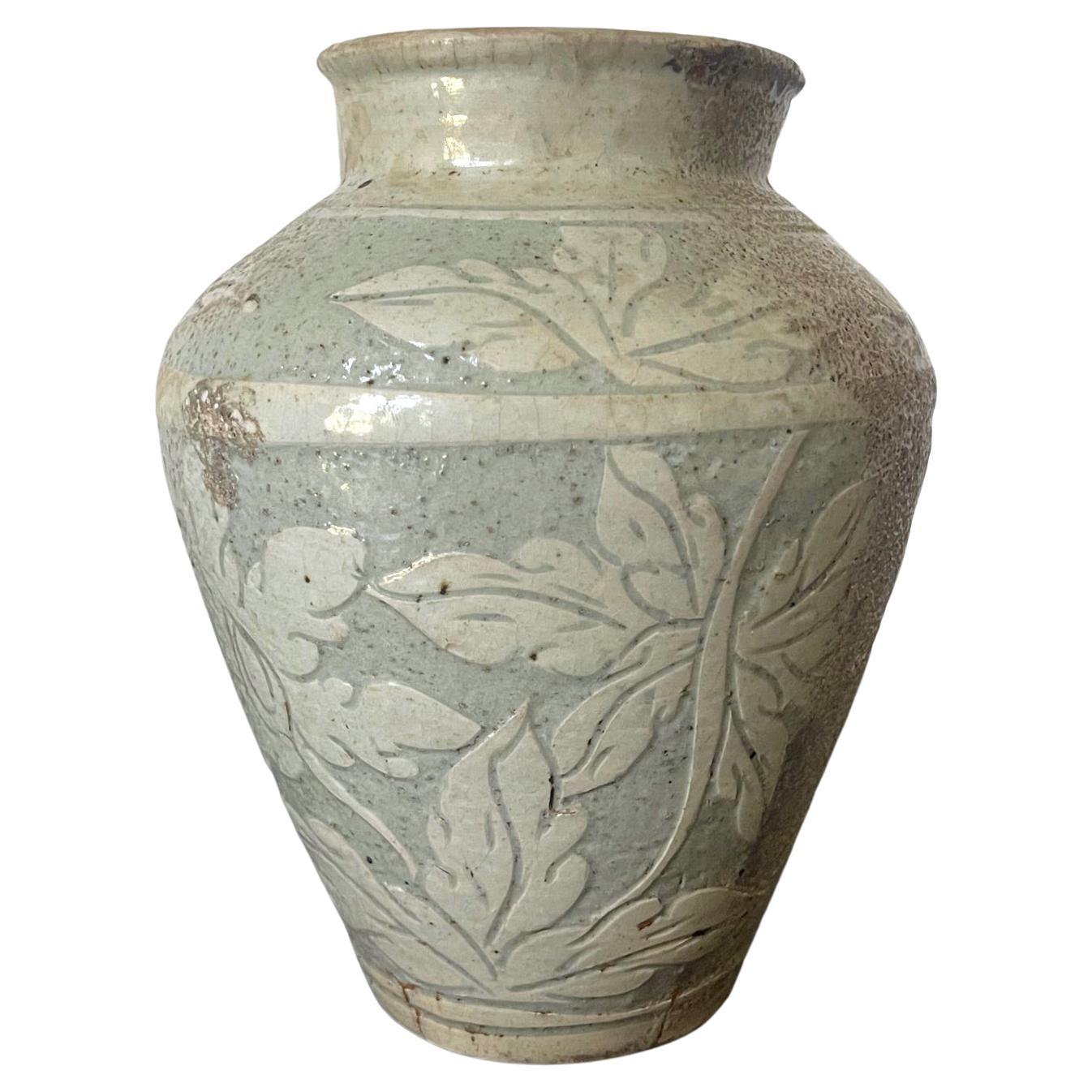 Antique Korean Buncheong Ceramic Vase with Incised Designs For Sale