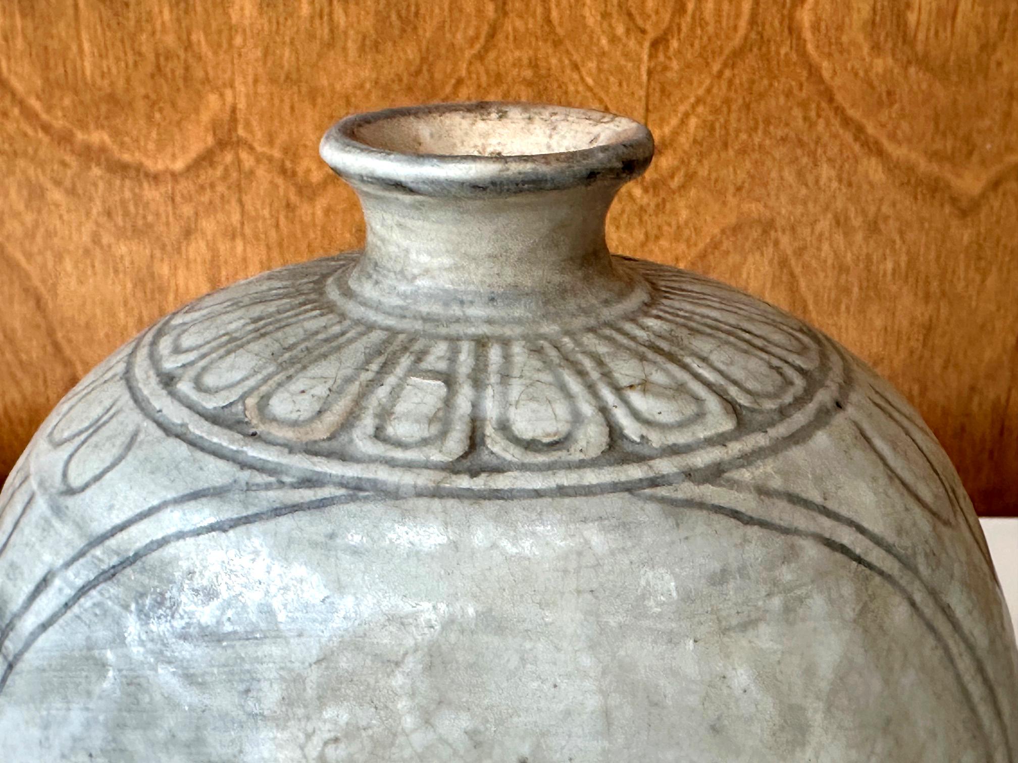 Antique Korean Buncheong Flat Bottle Vase with Incised Designs For Sale 9