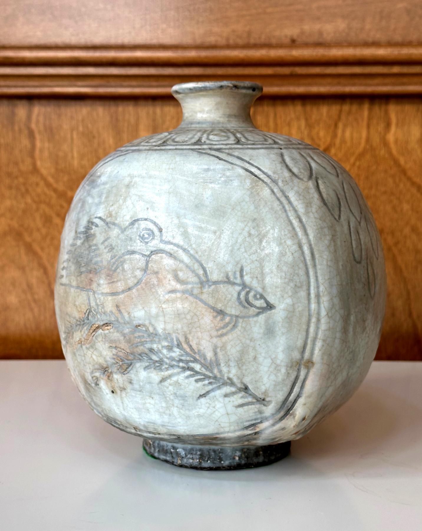 Ceramic Antique Korean Buncheong Flat Bottle Vase with Incised Designs For Sale