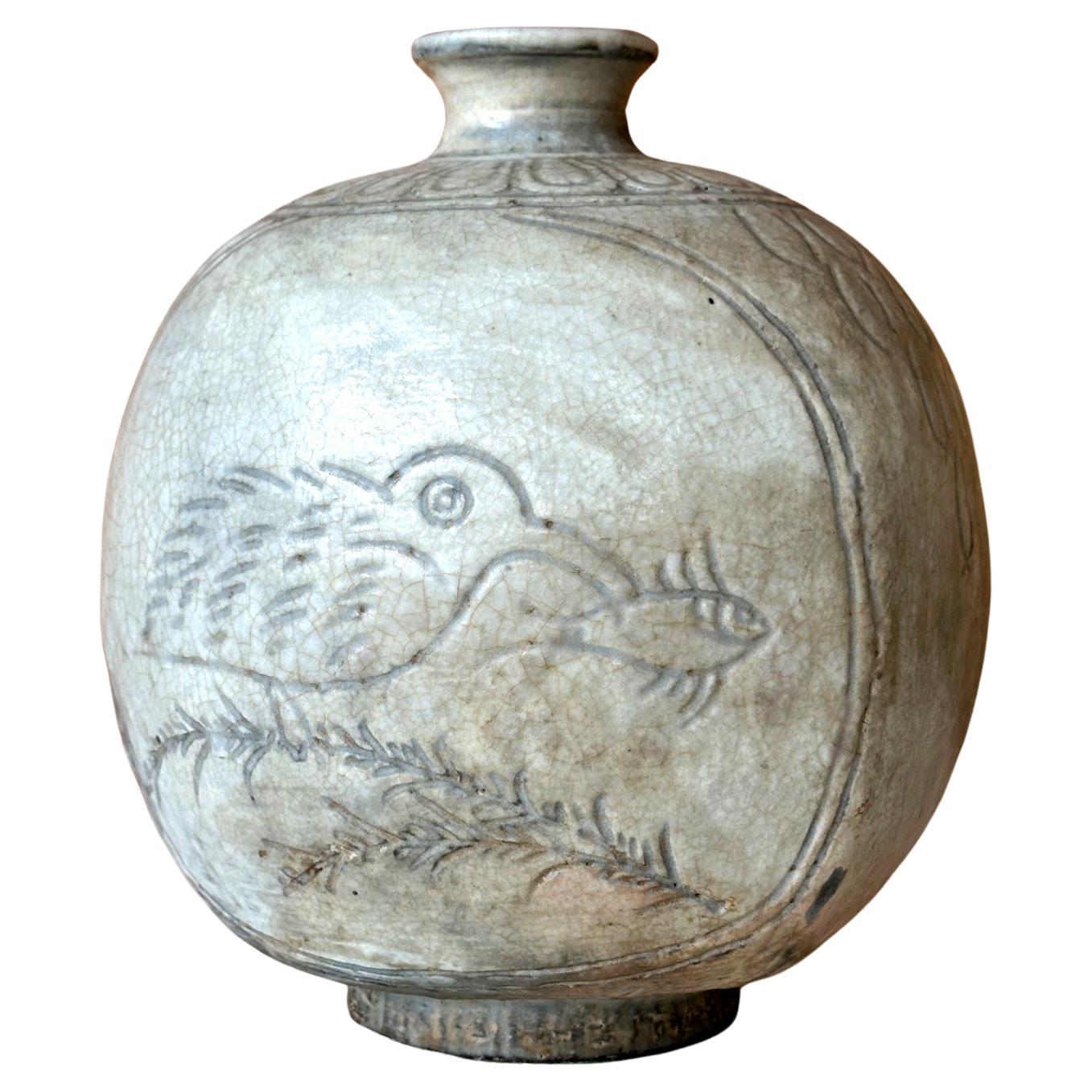Antique Korean Buncheong Flat Bottle Vase with Incised Designs