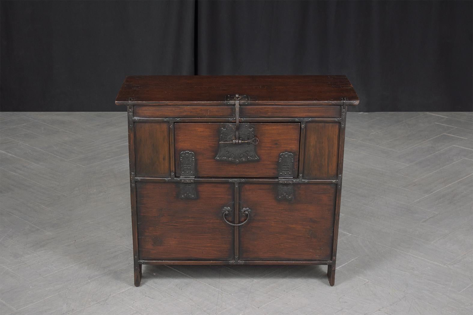 Japonisme 1900s Antique Japanese Elm Wood Cabinet with Iron Hardware & Patina Finish For Sale