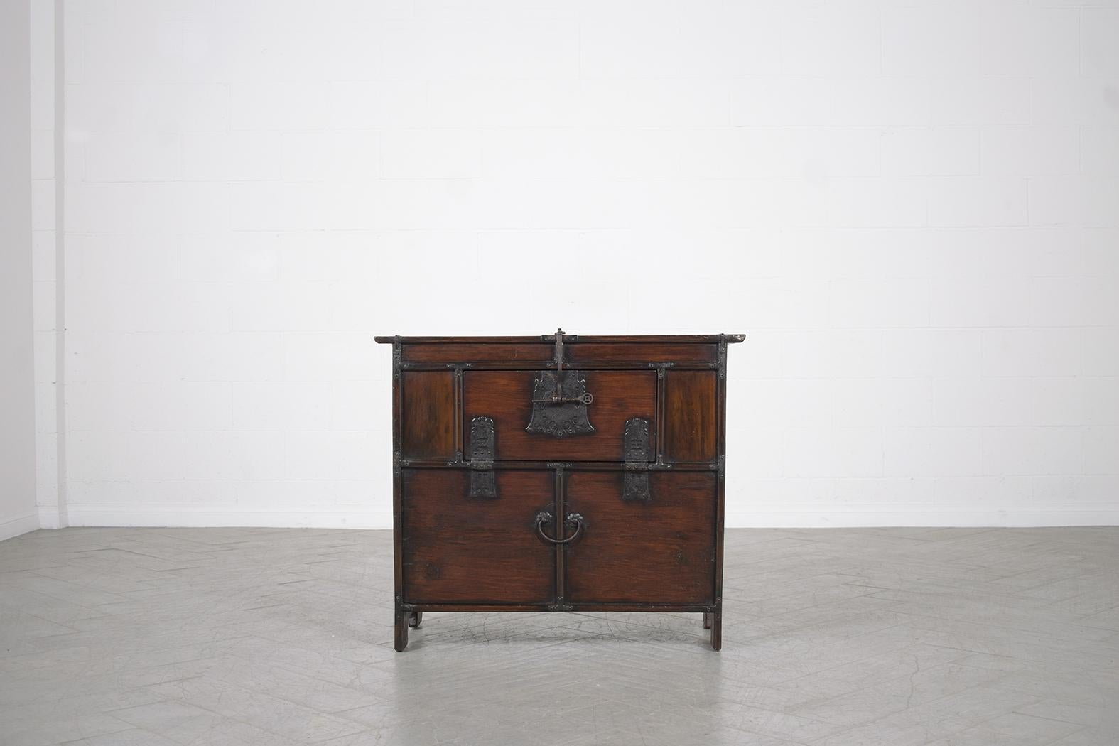 Carved 1900s Antique Japanese Elm Wood Cabinet with Iron Hardware & Patina Finish For Sale