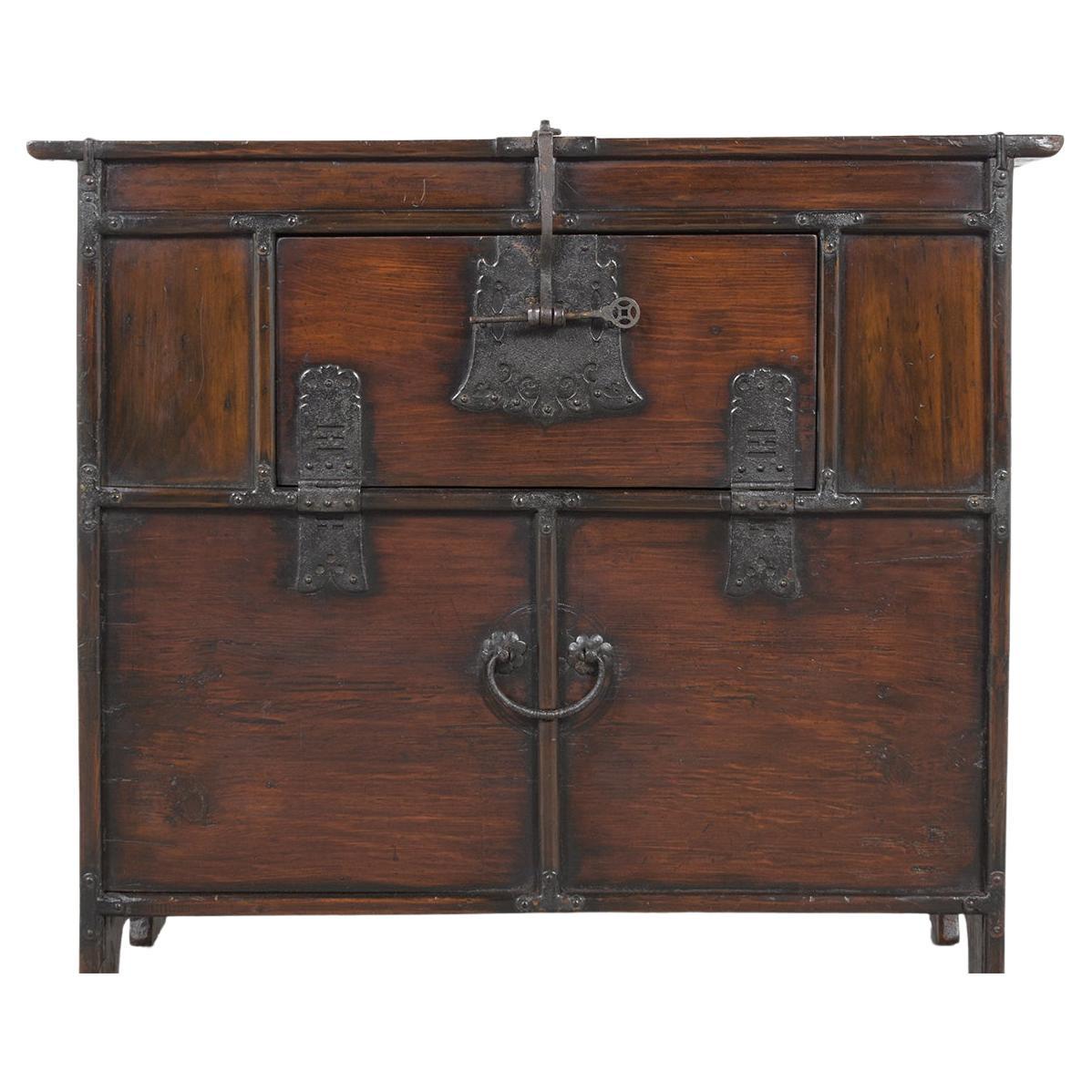 1900s Antique Japanese Elm Wood Cabinet with Iron Hardware & Patina Finish For Sale