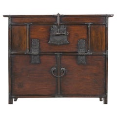 1900s Antique Japanese Elm Wood Cabinet with Iron Hardware & Patina Finish