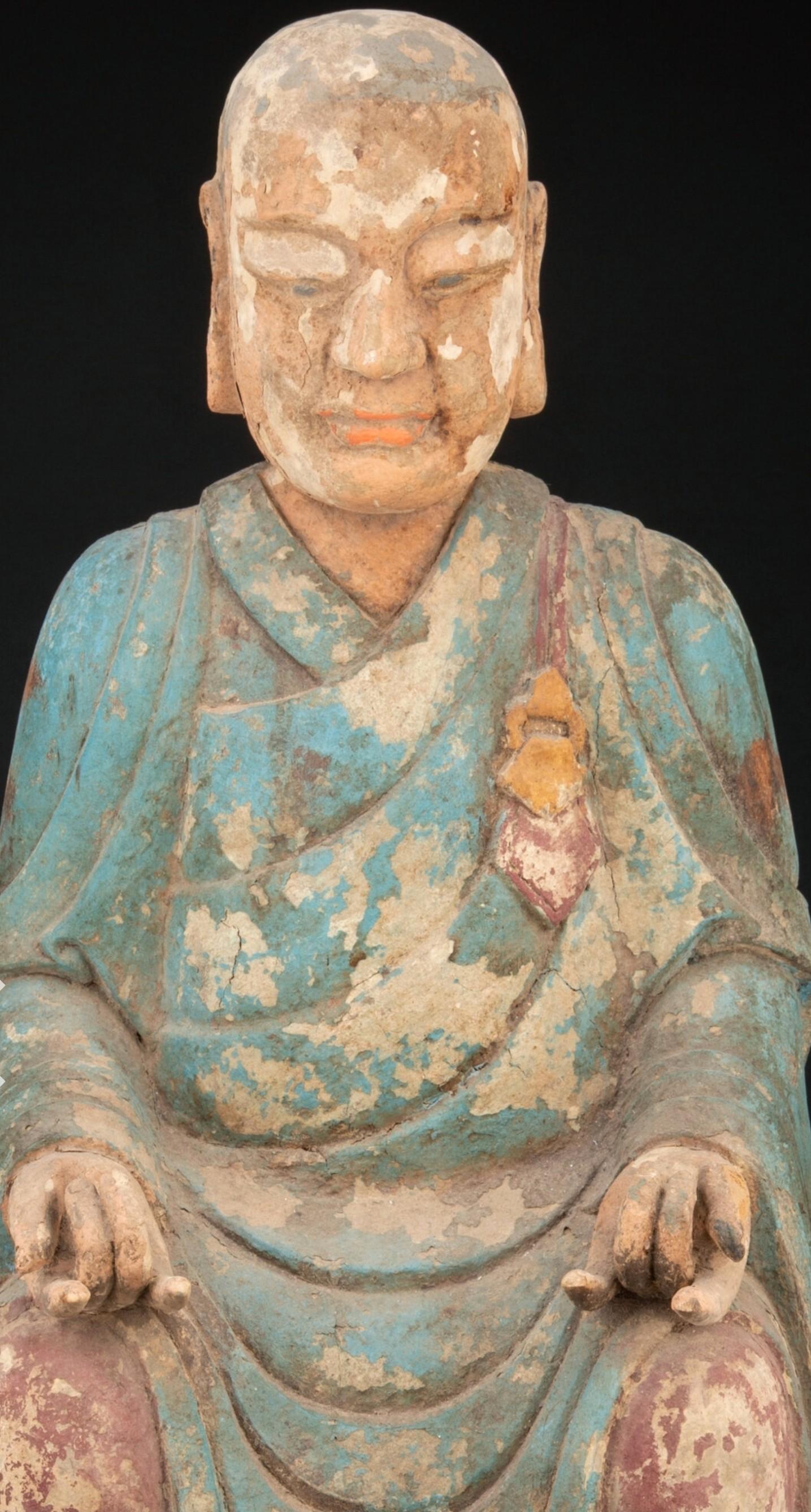 Folk Art Antique Korean Carved Polychrome Wooden Buddhist Figure Sculpture For Sale