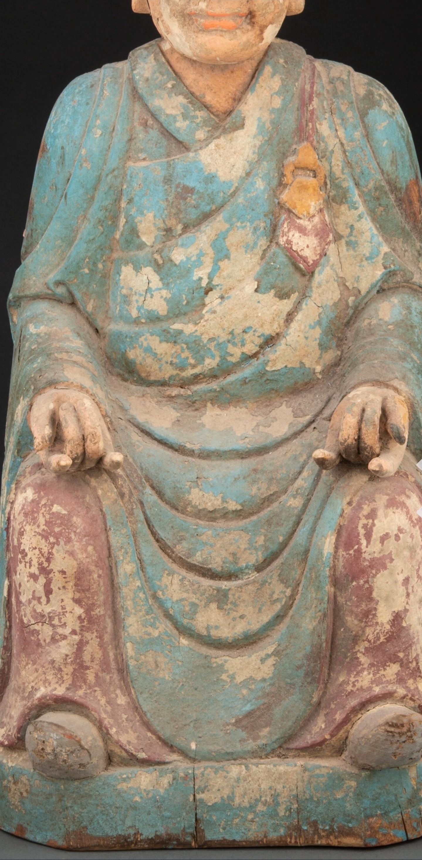 Hand-Carved Antique Korean Carved Polychrome Wooden Buddhist Figure Sculpture For Sale